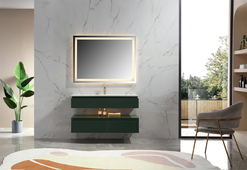 48" Solid Oak Two-Tier Bathroom Vanity with Porcelain Sink and Open Center Storage, Green