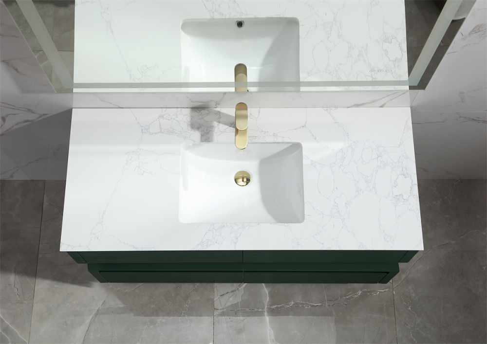 48" Solid Oak Two-Tier Bathroom Vanity with Porcelain Sink and Open Center Storage, Green
