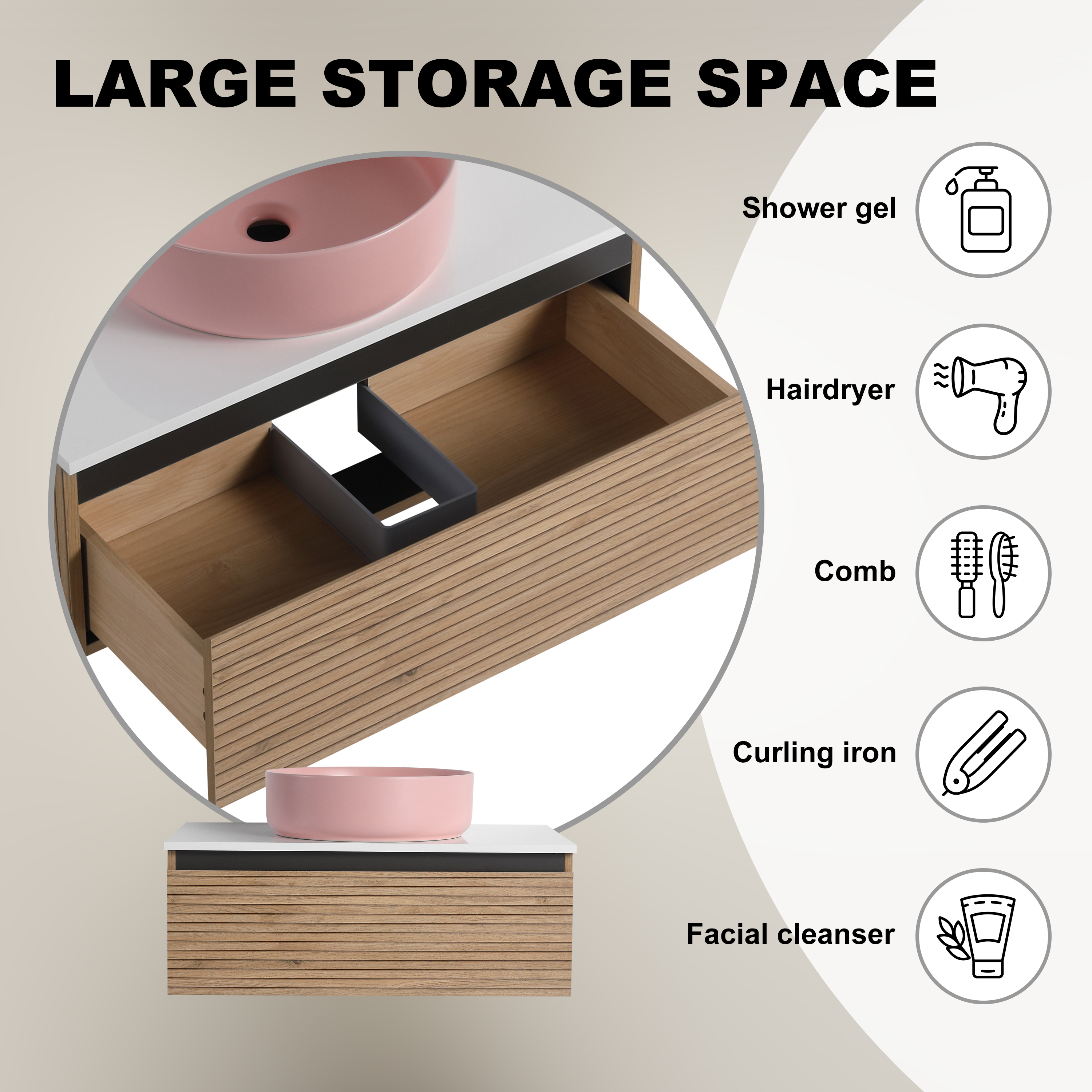 30'' Wall-Mounted Bathroom Vanity with Pink Art Ceramic Sink & 1-Soft-Close Drawer, Plywood