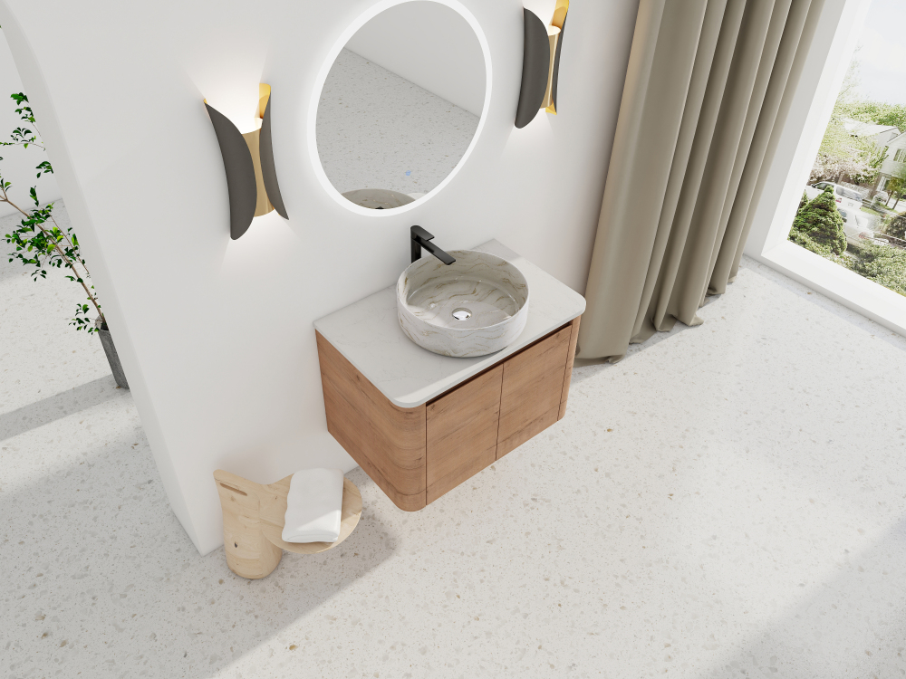 30'' Wall-Mounted Bathroom Vanity With Ceramic Art Sink & 2-Soft-Close Door, KD-Packing, Plywood