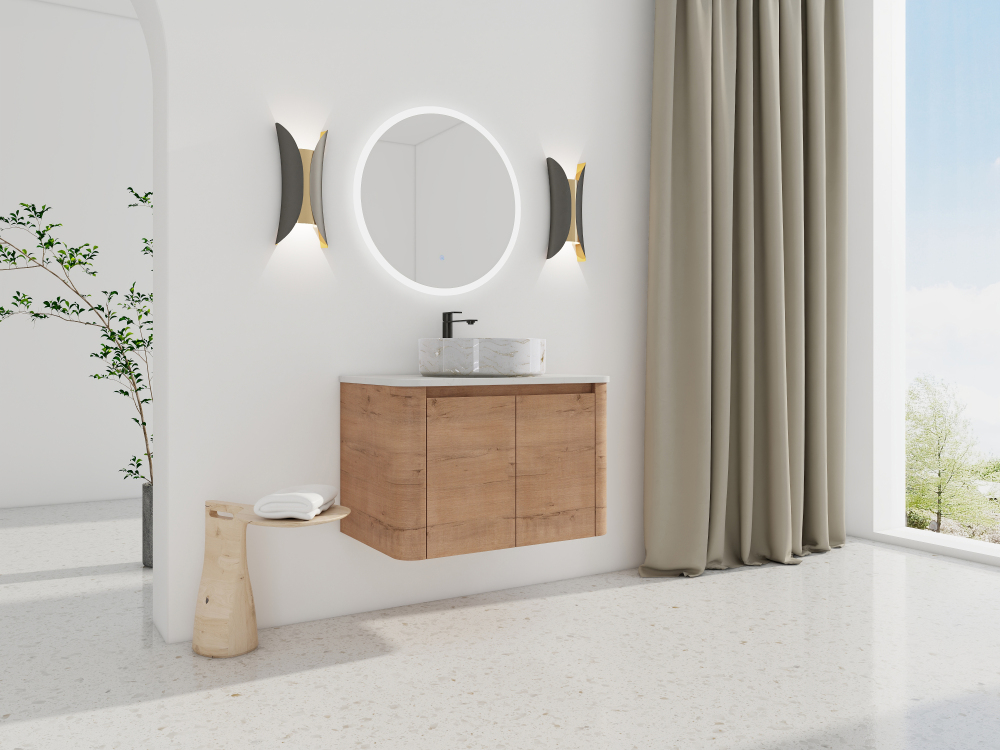 30'' Wall-Mounted Bathroom Vanity With Ceramic Art Sink & 2-Soft-Close Door, KD-Packing, Plywood