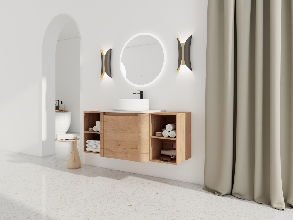 48'' Wall-Mounted Bathroom Vanity With Ceramic Art Sink, and 2-Storage Shelves, Soft-Close Door, KD-Packing, Plywood