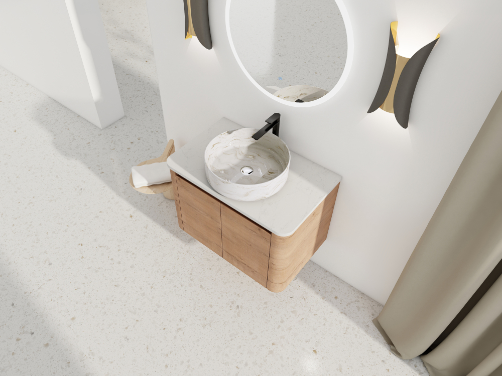 30'' Wall-Mounted Bathroom Vanity With Ceramic Art Sink & 2-Soft-Close Door, KD-Packing, Plywood