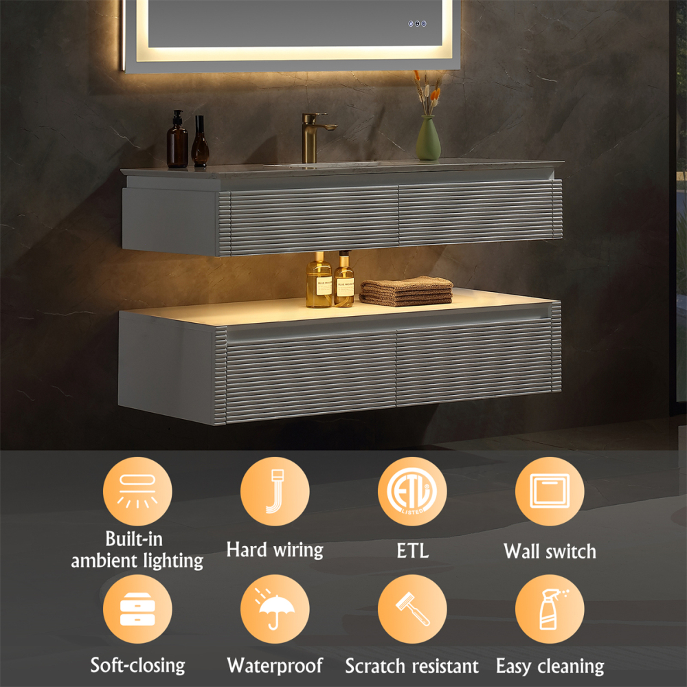 48" Solid Oak Two-Tier Bathroom Vanity with Porcelain Sink and Open Center Storage, White