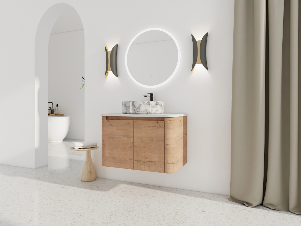 30'' Wall-Mounted Bathroom Vanity With Ceramic Art Sink & 2-Soft-Close Door, KD-Packing, Plywood