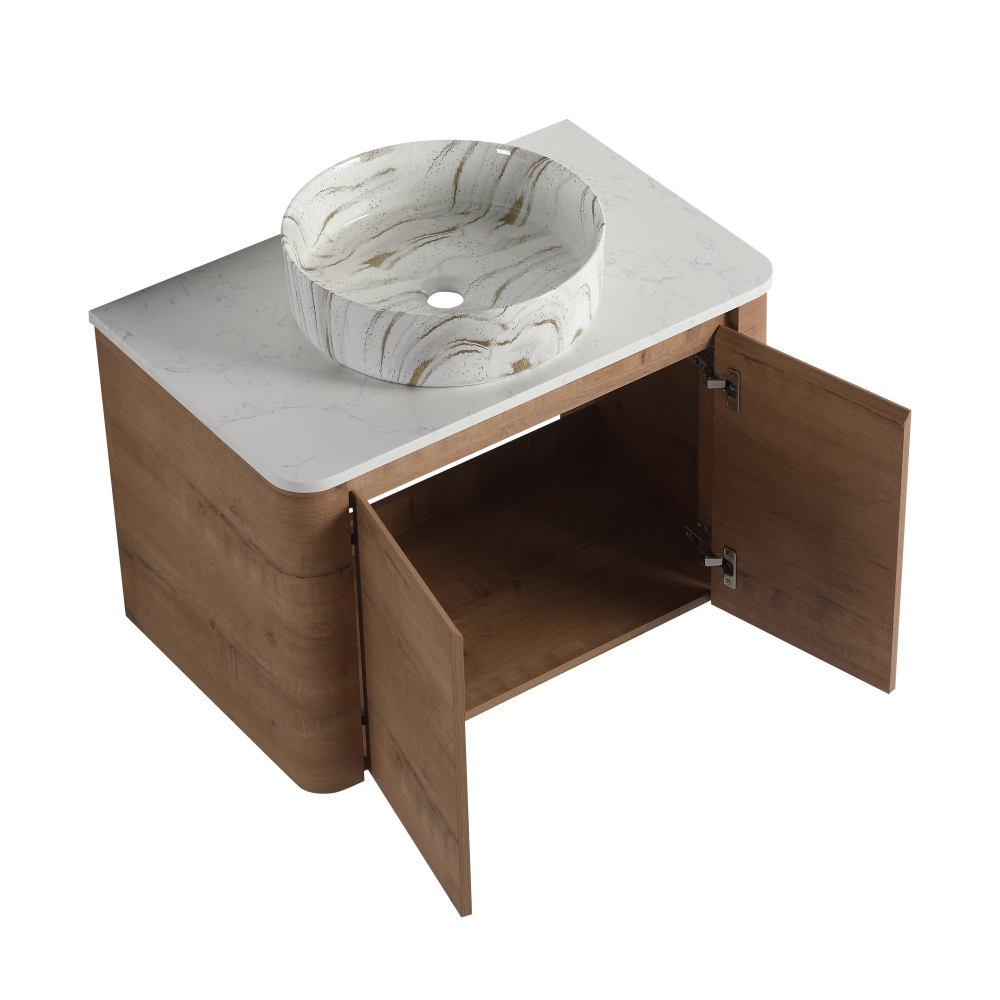30'' Wall-Mounted Bathroom Vanity With Ceramic Art Sink & 2-Soft-Close Door, KD-Packing, Plywood