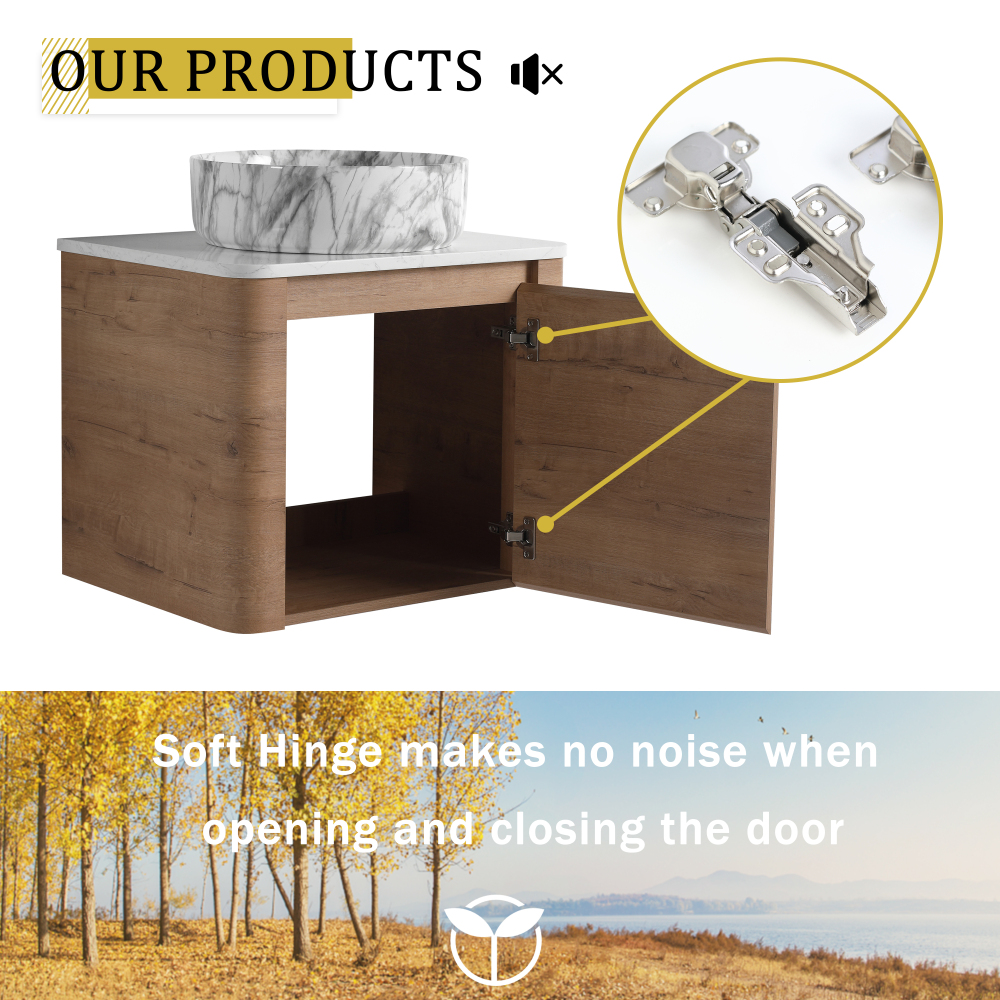 24'' Wall-Mounted Bathroom Vanity With Ceramic Art Sink & 1-Soft-Close Door, KD-Packing, Plywood