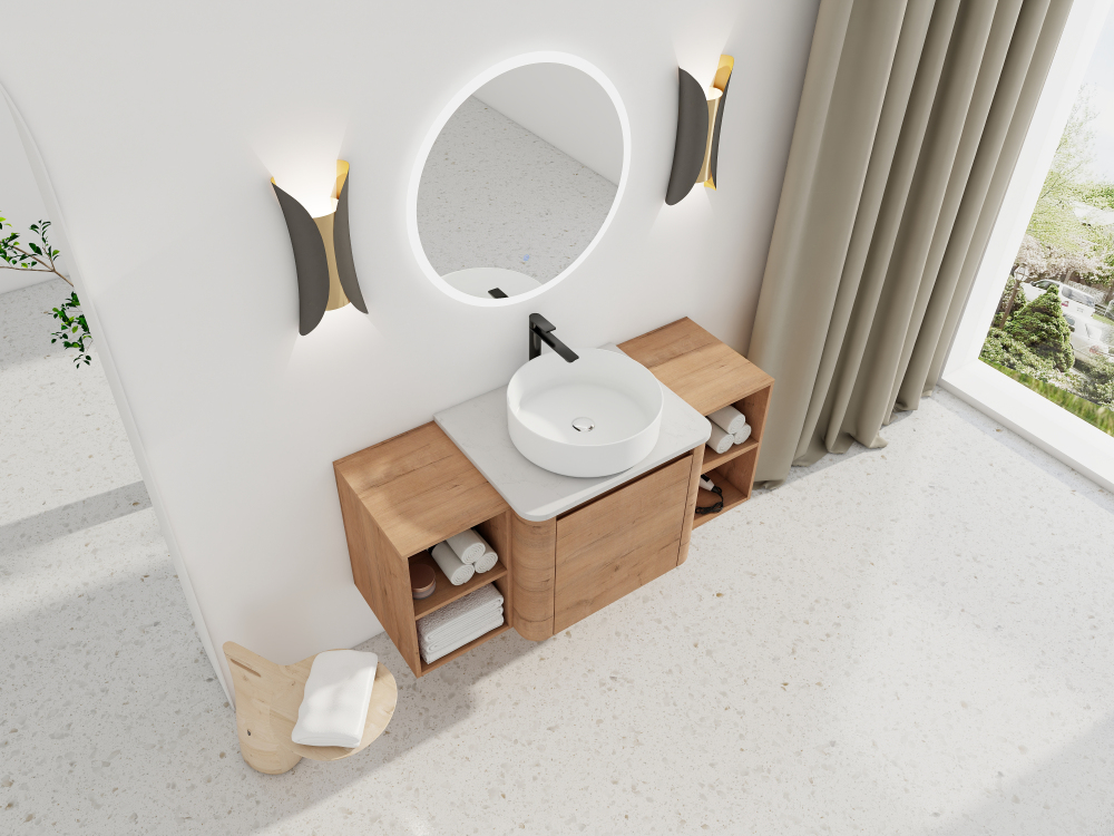 48'' Wall-Mounted Bathroom Vanity With Ceramic Art Sink, and 2-Storage Shelves, Soft-Close Door, KD-Packing, Plywood