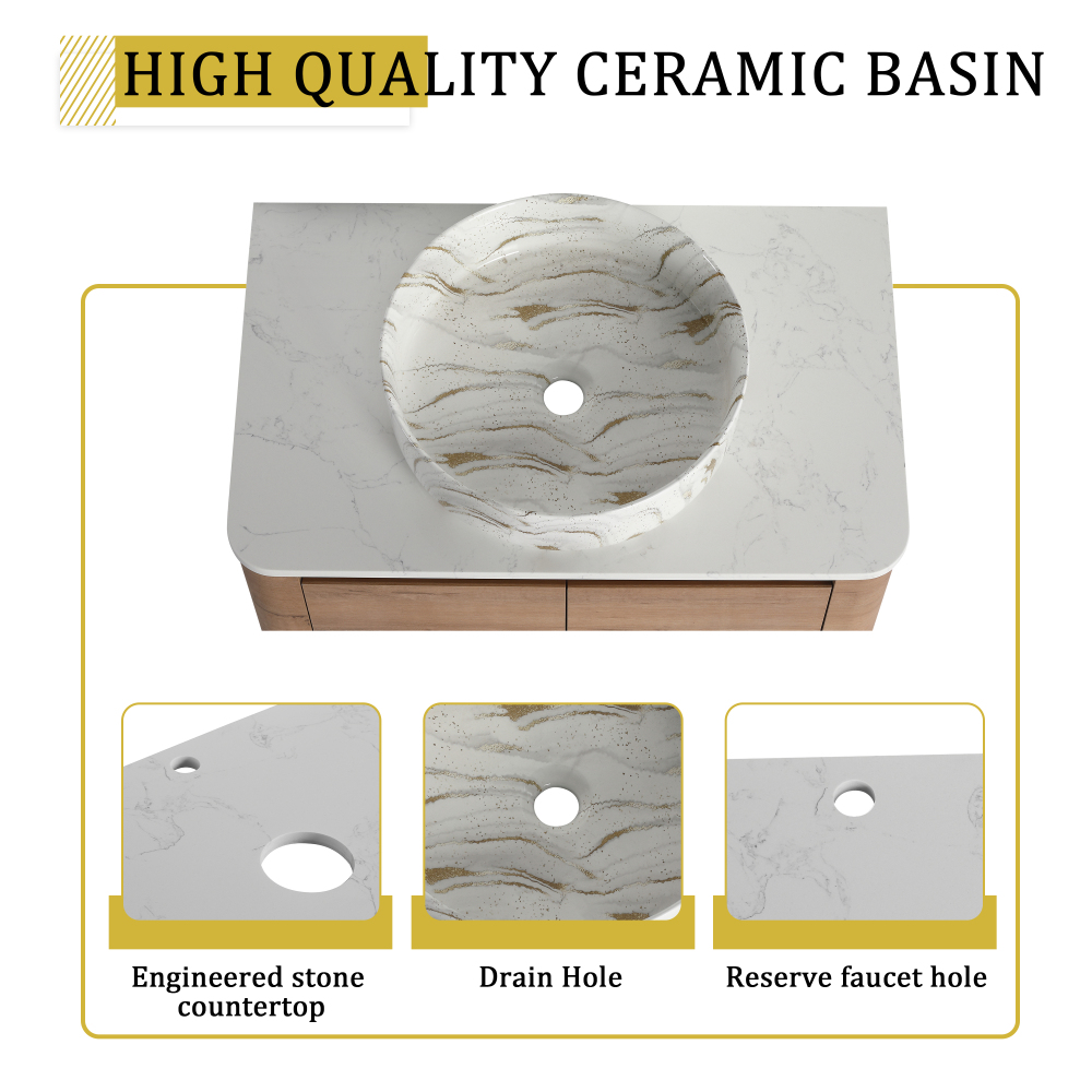 30'' Wall-Mounted Bathroom Vanity With Ceramic Art Sink & 2-Soft-Close Door, KD-Packing, Plywood