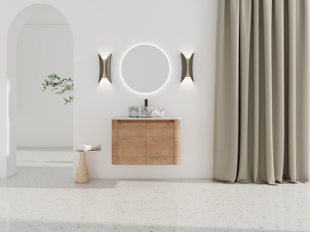 30'' Wall-Mounted Bathroom Vanity With Ceramic Art Sink & 2-Soft-Close Door, KD-Packing, Plywood
