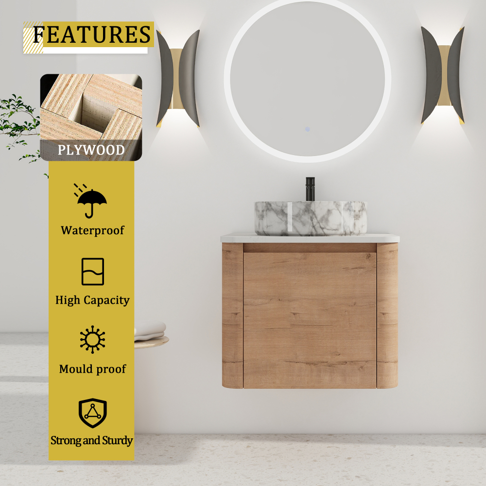 24'' Wall-Mounted Bathroom Vanity With Ceramic Art Sink & 1-Soft-Close Door, KD-Packing, Plywood