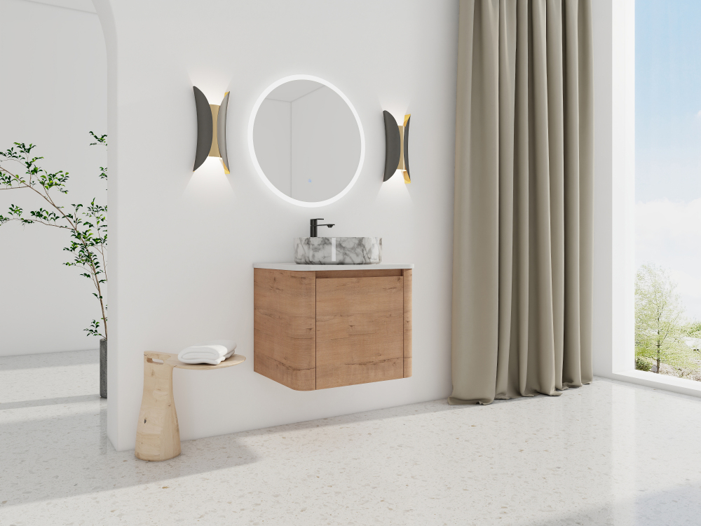 24'' Wall-Mounted Bathroom Vanity With Ceramic Art Sink & 1-Soft-Close Door, KD-Packing, Plywood