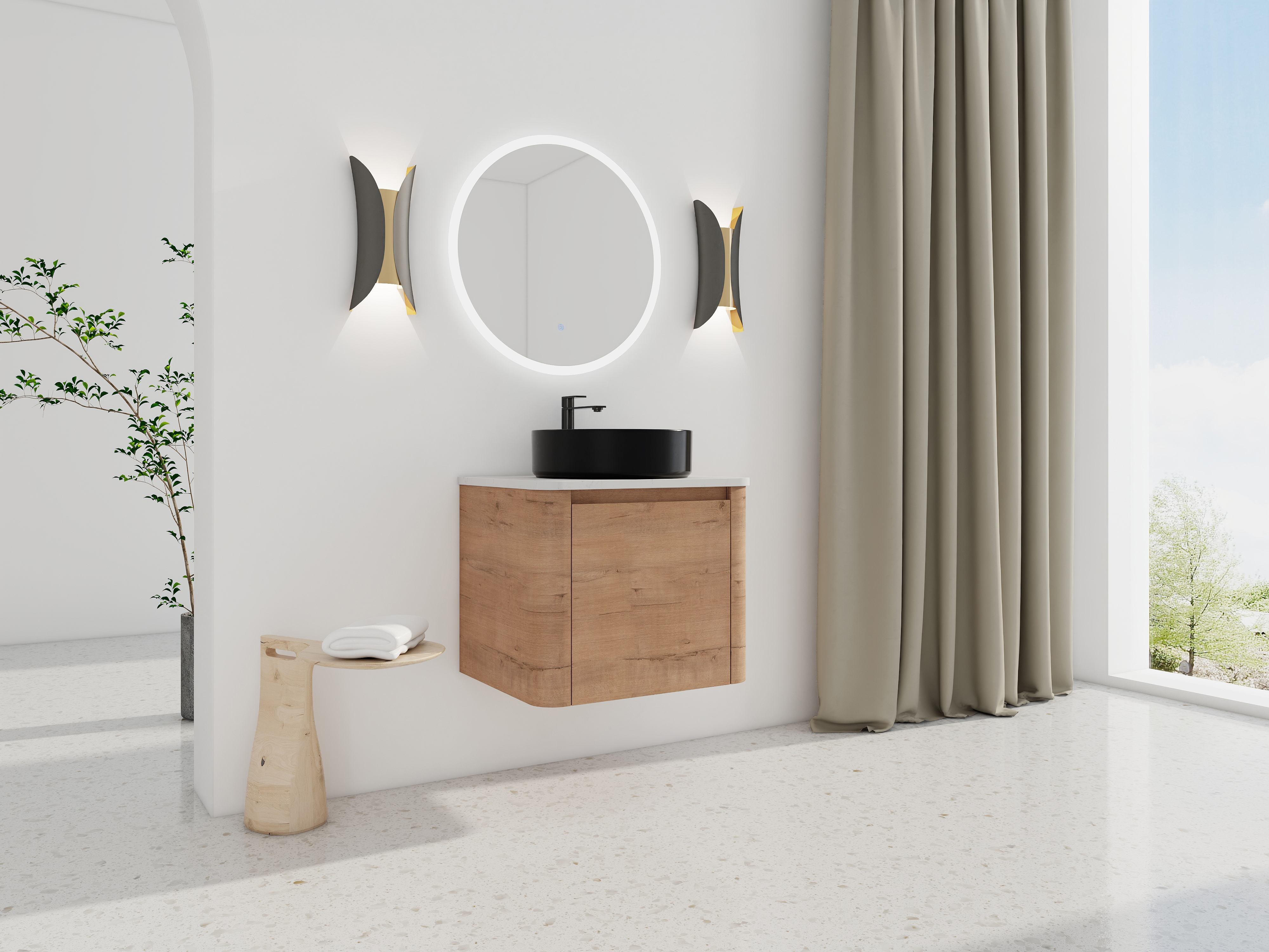 24'' Wall-Mounted Bathroom Vanity With Ceramic Art Sink & 1-Soft-Close Door, KD-Packing, Plywood