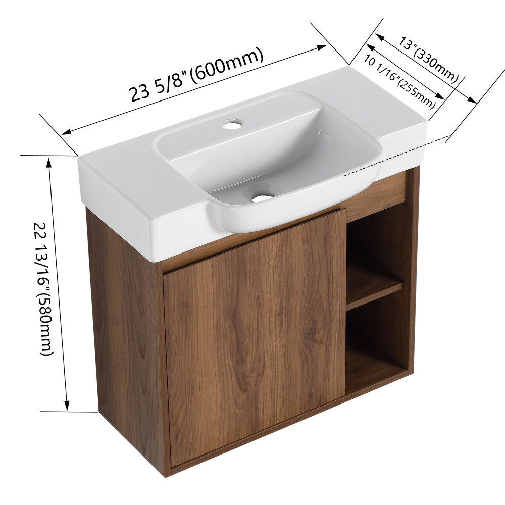 24'' Wall-Mounted Bathroom Vanity with White Ceramic Sink & Soft-Close Door