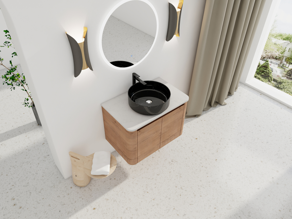 30'' Wall-Mounted Bathroom Vanity With Ceramic Art Sink & 2-Soft-Close Door, KD-Packing, Plywood