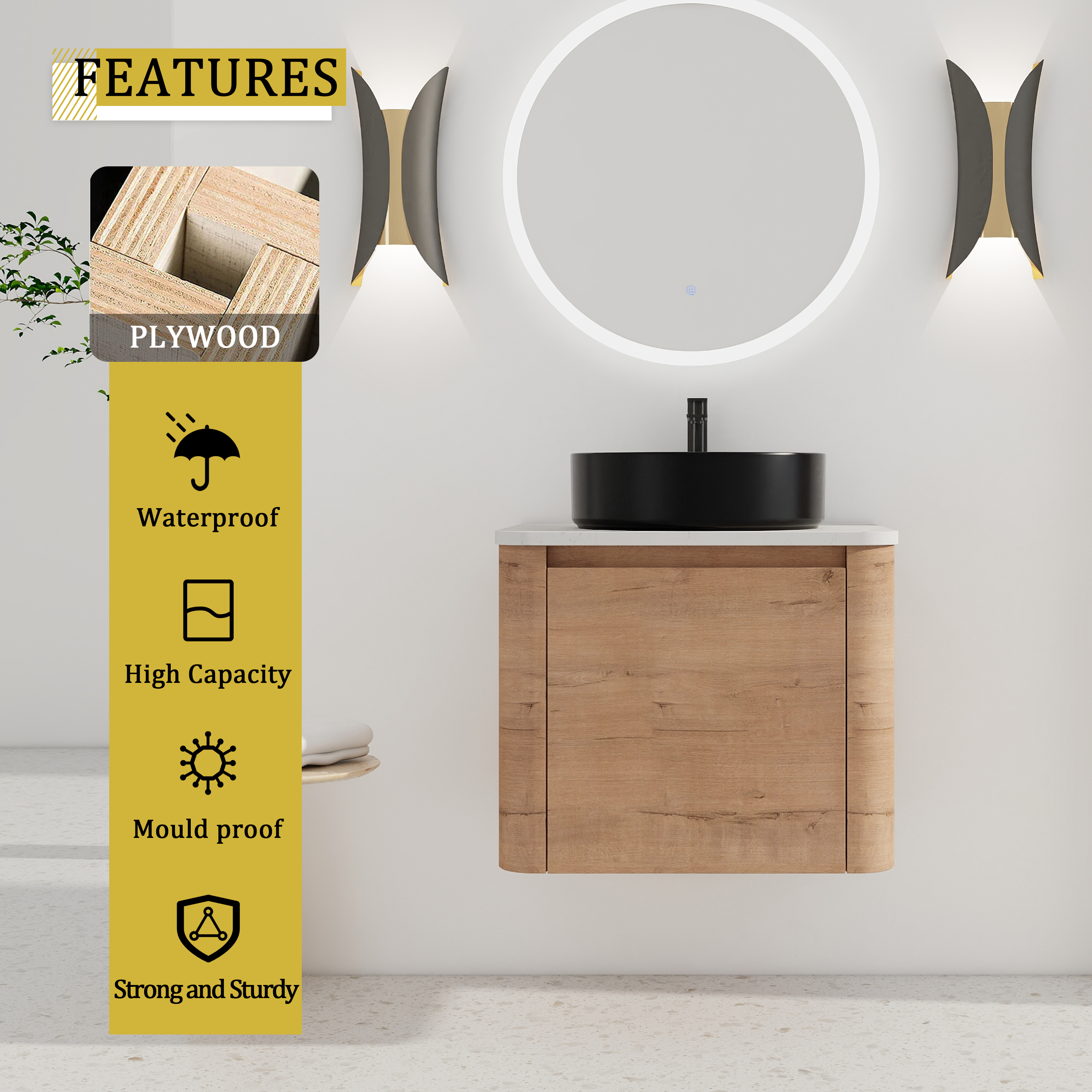 24'' Wall-Mounted Bathroom Vanity With Ceramic Art Sink & 1-Soft-Close Door, KD-Packing, Plywood