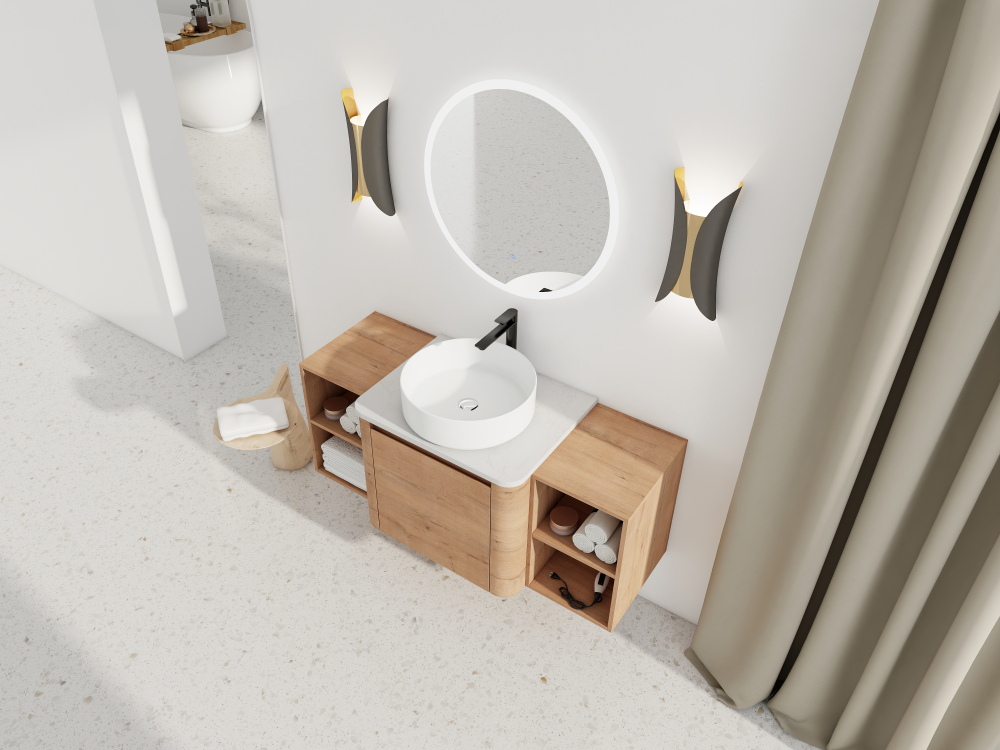 48'' Wall-Mounted Bathroom Vanity With Ceramic Art Sink, and 2-Storage Shelves, Soft-Close Door, KD-Packing, Plywood