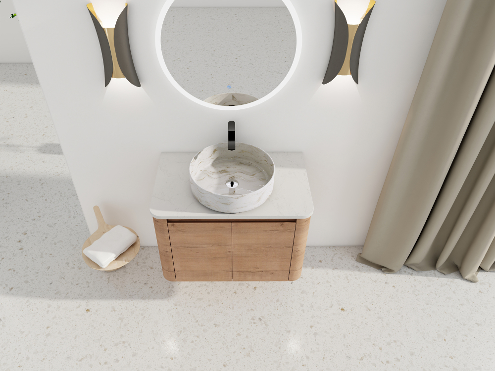 30'' Wall-Mounted Bathroom Vanity With Ceramic Art Sink & 2-Soft-Close Door, KD-Packing, Plywood