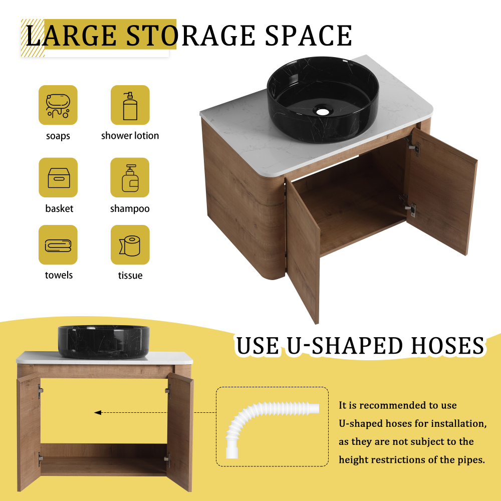30'' Wall-Mounted Bathroom Vanity With Ceramic Art Sink & 2-Soft-Close Door, KD-Packing, Plywood