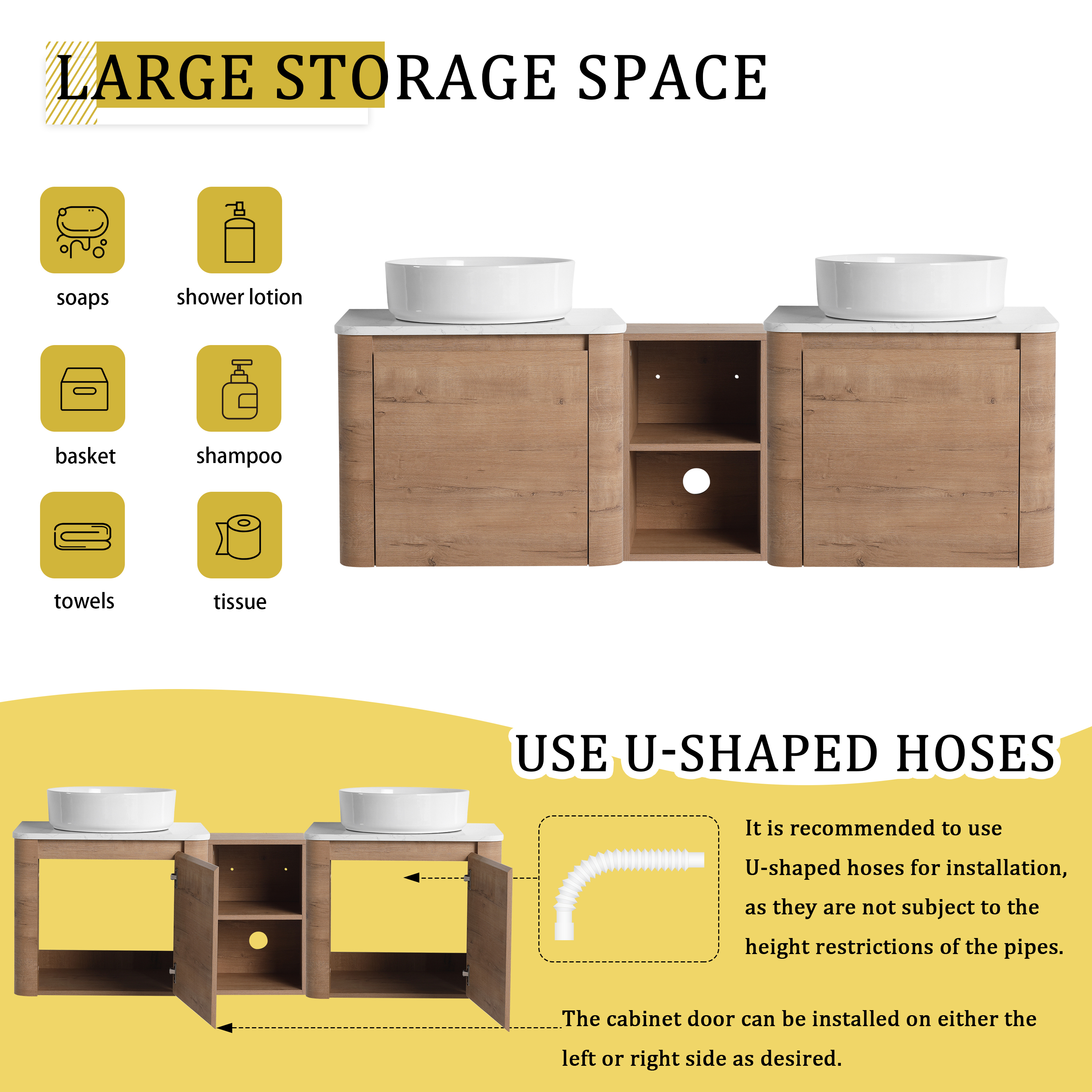 60'' Wall-Mounted Bathroom Vanity With Ceramic Art Sink, and 1-Storage Shelves, Soft-Close Door, KD-Packing, Plywood