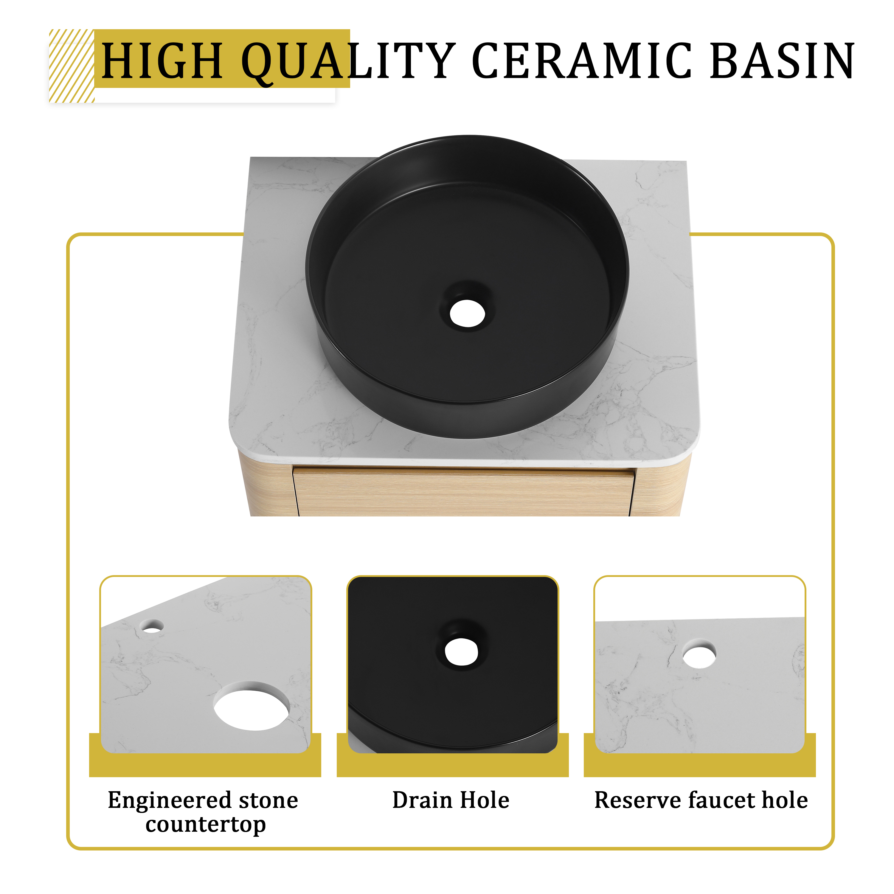 24'' Wall-Mounted Bathroom Vanity With Ceramic Art Sink & 1-Soft-Close Door, KD-Packing, Plywood