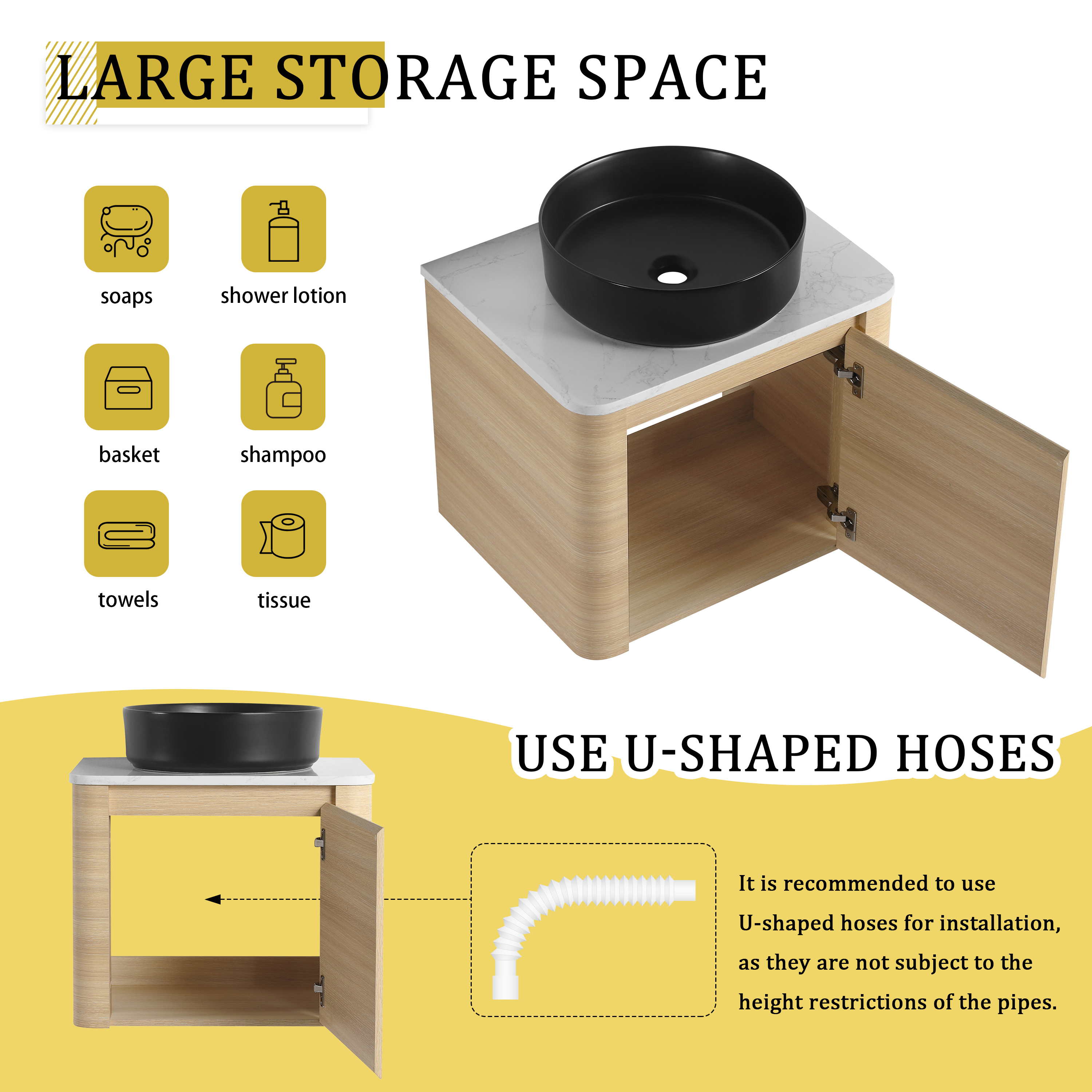 24'' Wall-Mounted Bathroom Vanity With Ceramic Art Sink & 1-Soft-Close Door, KD-Packing, Plywood