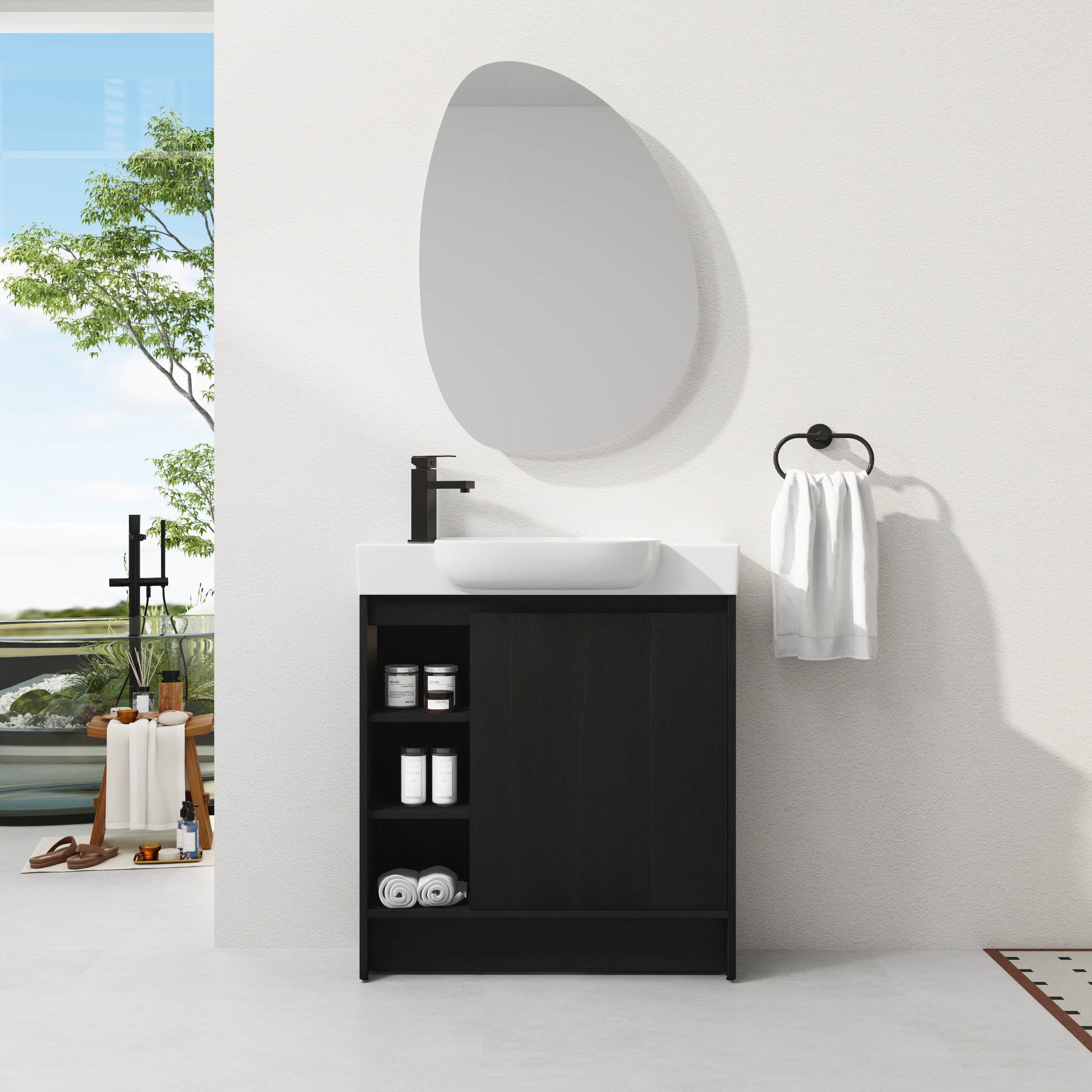 30'' Freestanding Bathroom Vanity with White Ceramic Sink & Soft-Close Door, Dark Oak, Plywood