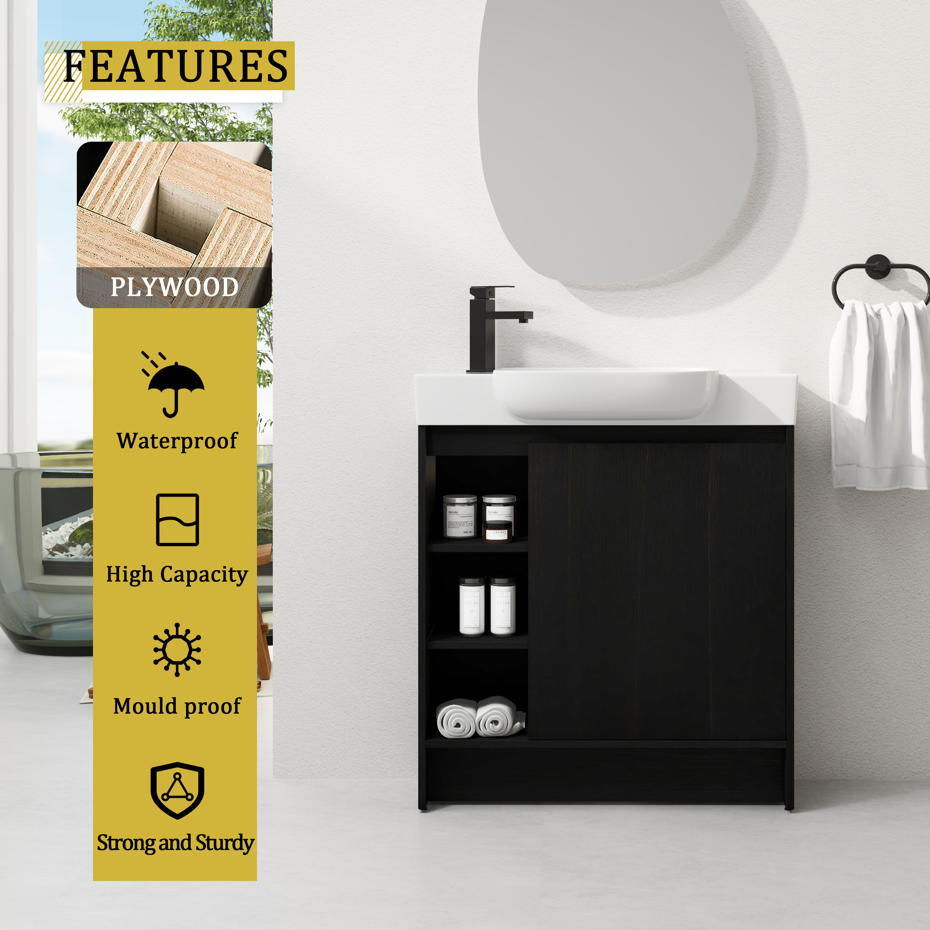 30'' Freestanding Bathroom Vanity with White Ceramic Sink & Soft-Close Door, Dark Oak, Plywood