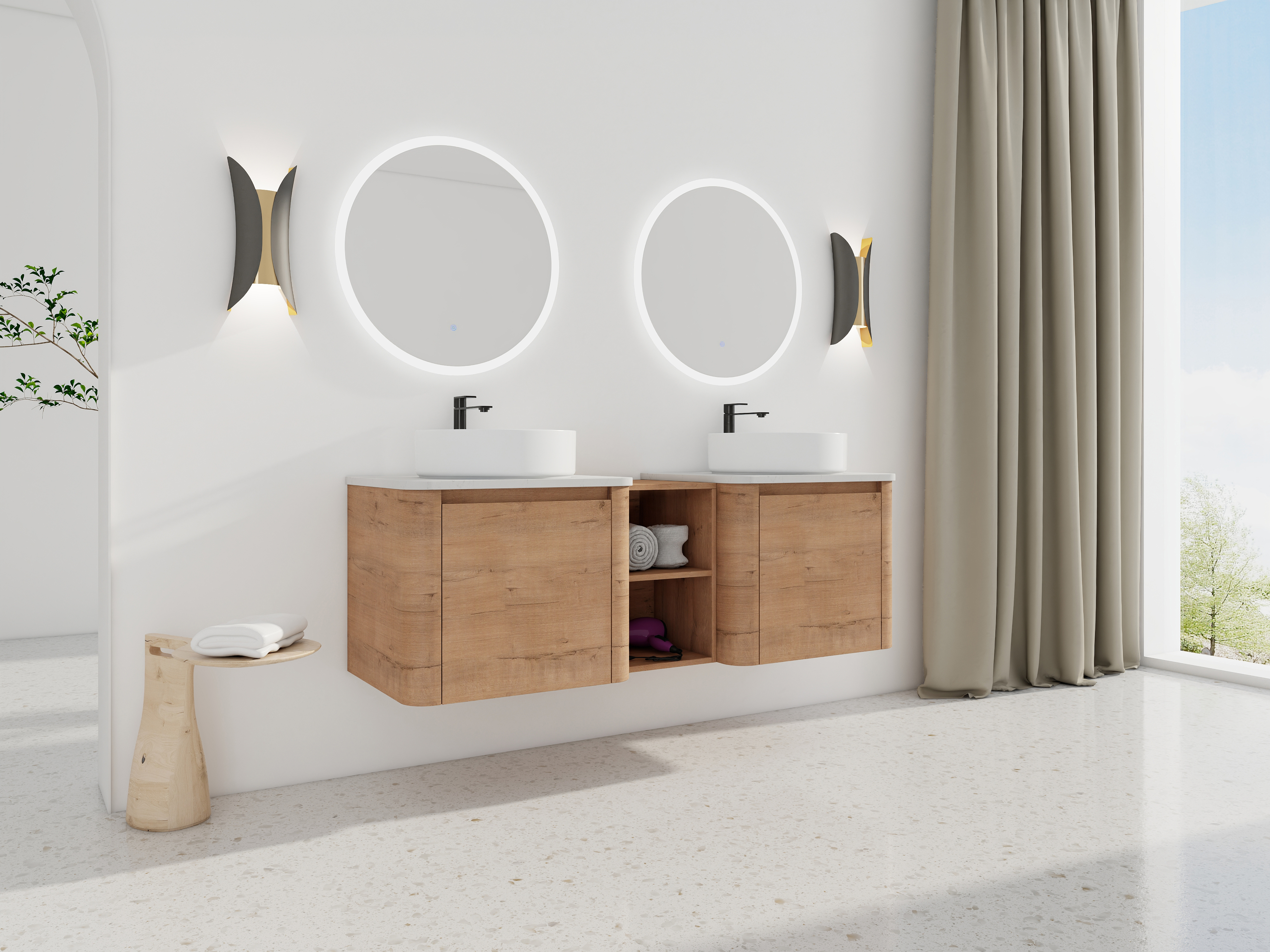 60'' Wall-Mounted Bathroom Vanity With Ceramic Art Sink, and 1-Storage Shelves, Soft-Close Door, KD-Packing, Plywood