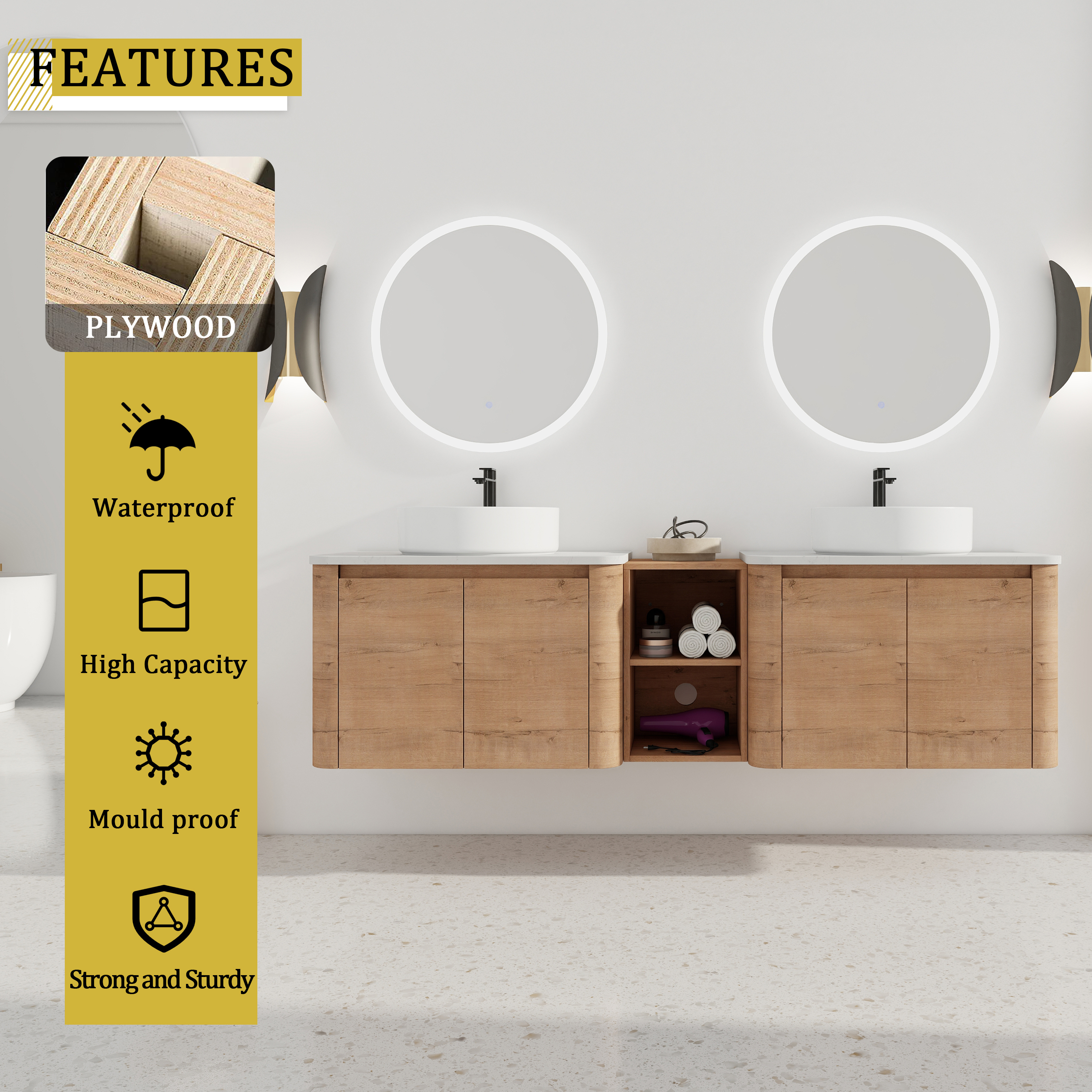 72'' Wall-Mounted Bathroom Vanity With Ceramic Art Sink, and 1-Storage Shelves, 4-Soft-Close Door, KD-Packing, Plywood