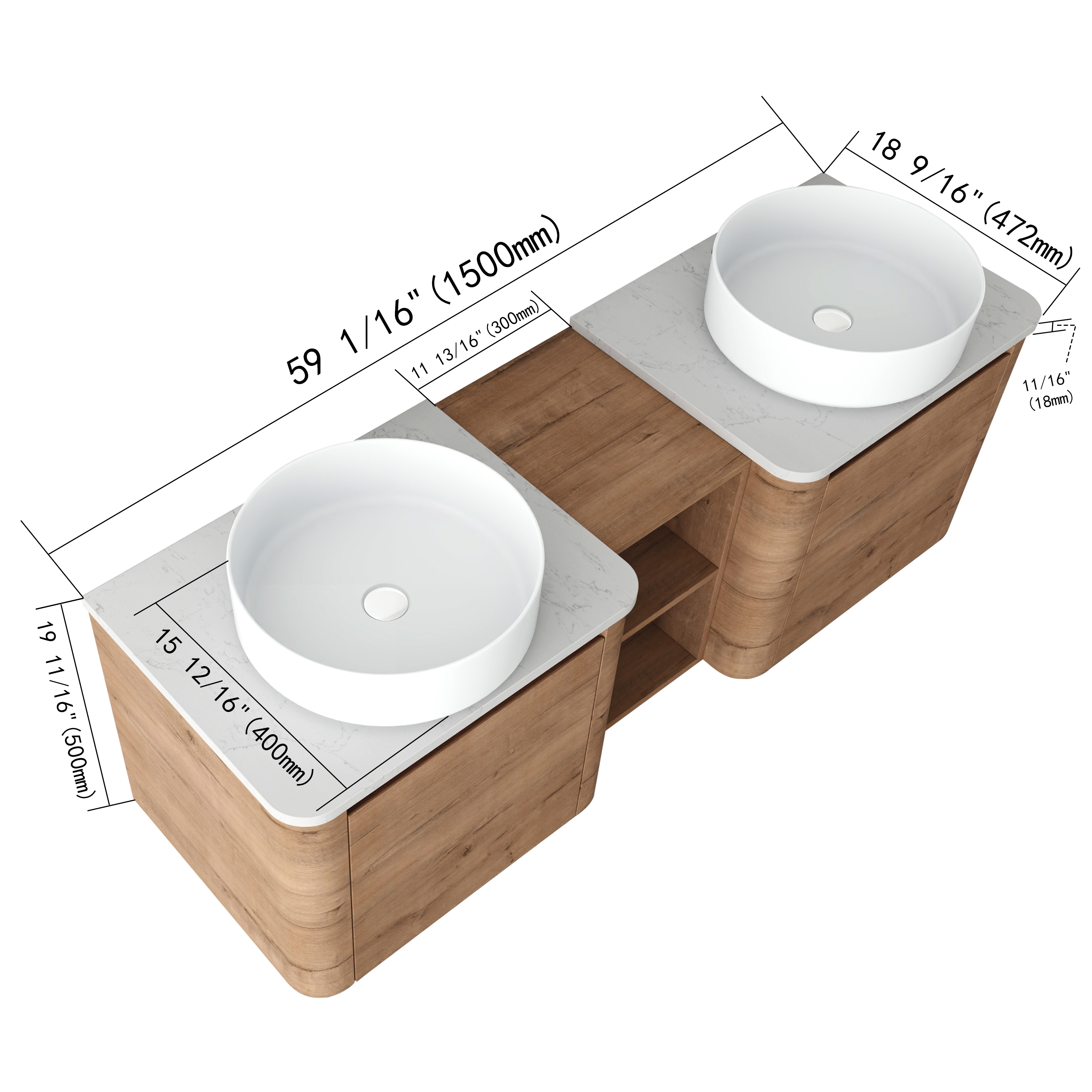 60'' Wall-Mounted Bathroom Vanity With Ceramic Art Sink, and 1-Storage Shelves, Soft-Close Door, KD-Packing, Plywood
