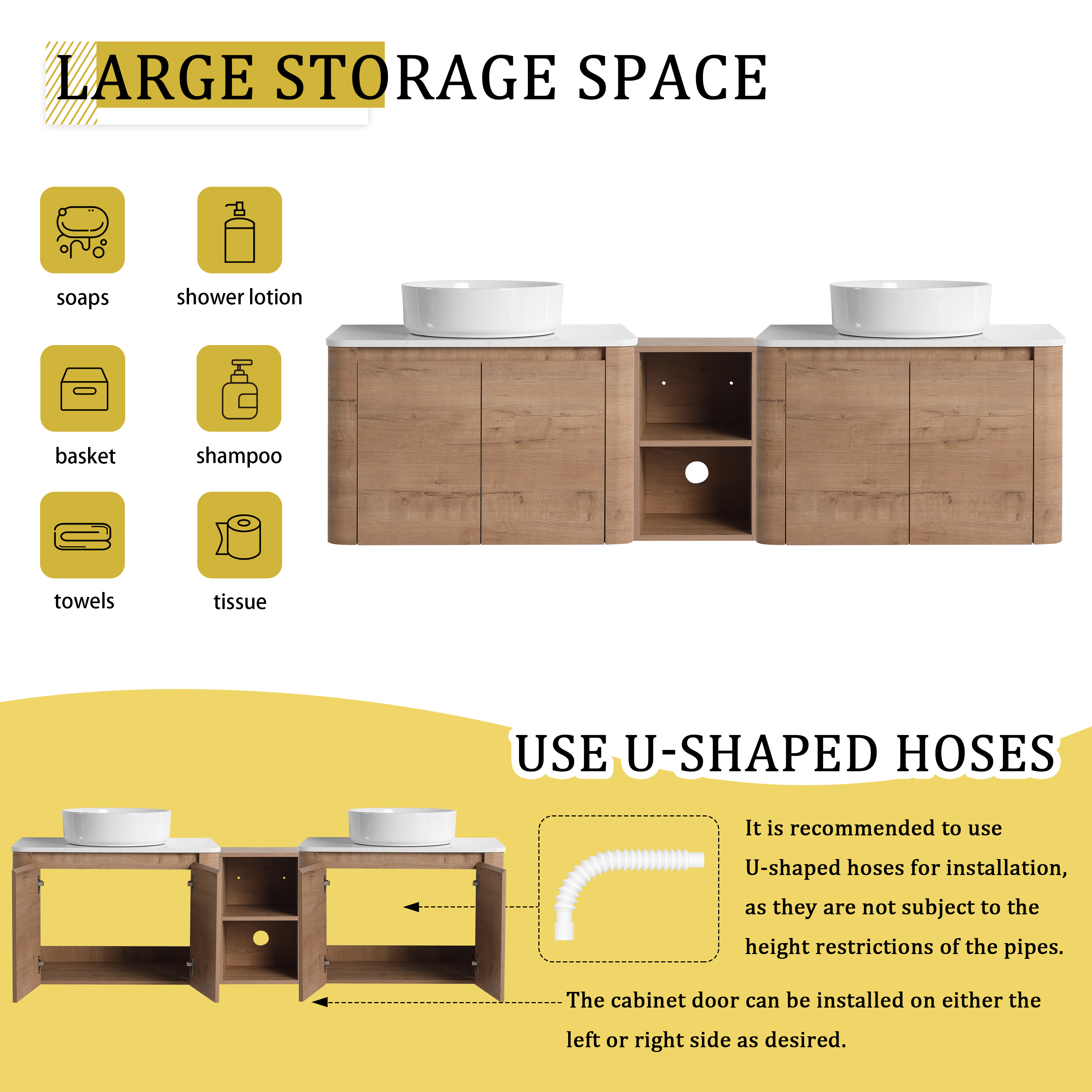 72'' Wall-Mounted Bathroom Vanity With Ceramic Art Sink, and 1-Storage Shelves, 4-Soft-Close Door, KD-Packing, Plywood