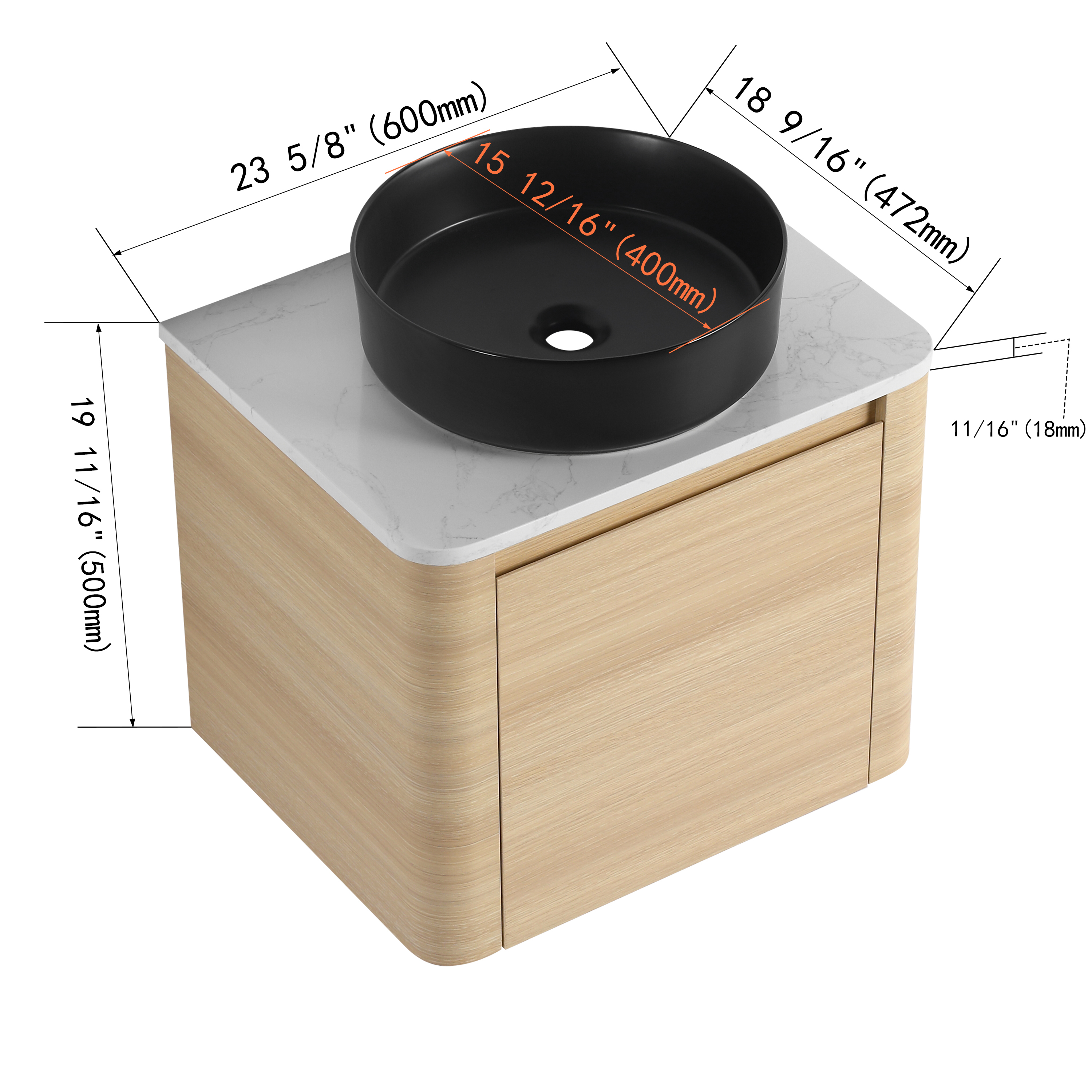 24'' Wall-Mounted Bathroom Vanity With Ceramic Art Sink & 1-Soft-Close Door, KD-Packing, Plywood