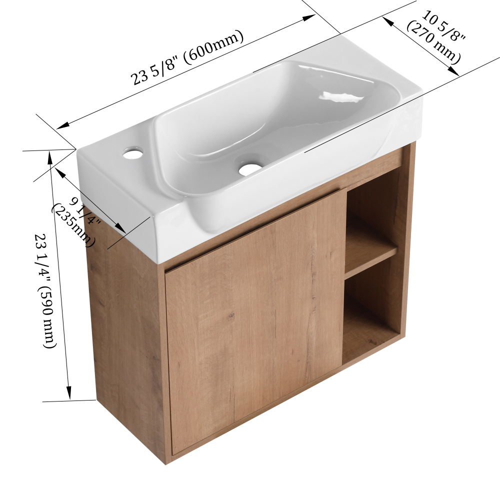 24'' Wall-Mounted Bathroom Vanity with White Ceramic Sink & Soft-Close Door