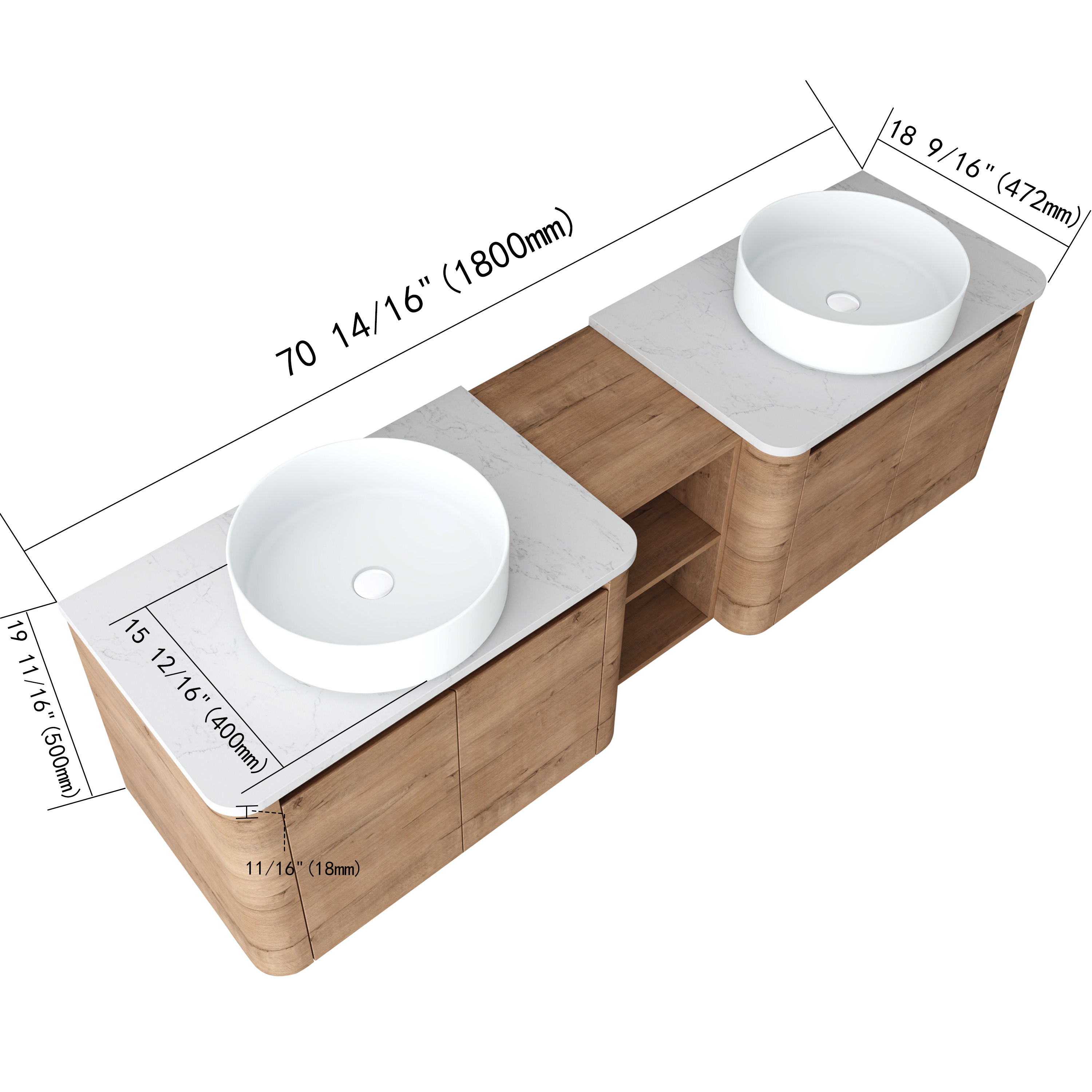 72'' Wall-Mounted Bathroom Vanity With Ceramic Art Sink, and 1-Storage Shelves, 4-Soft-Close Door, KD-Packing, Plywood