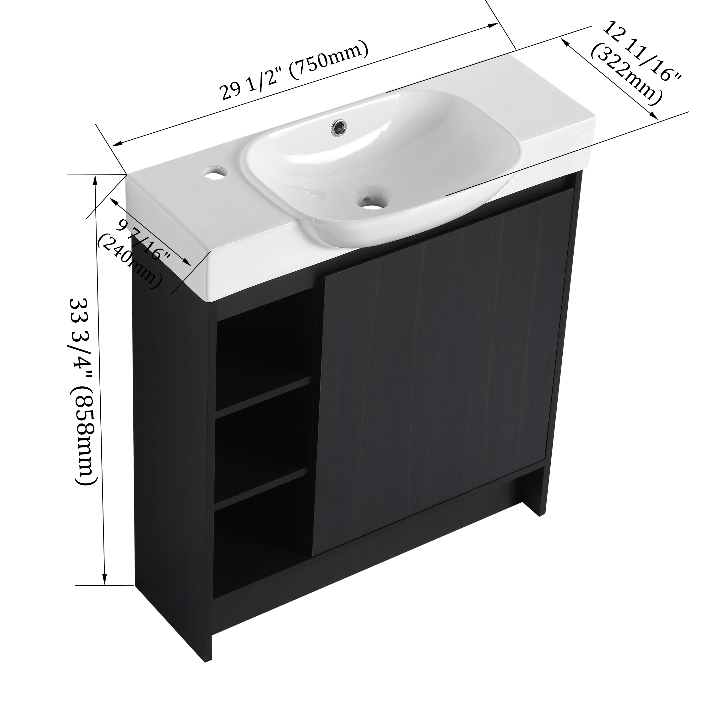 30'' Freestanding Bathroom Vanity with White Ceramic Sink & Soft-Close Door, Dark Oak, Plywood