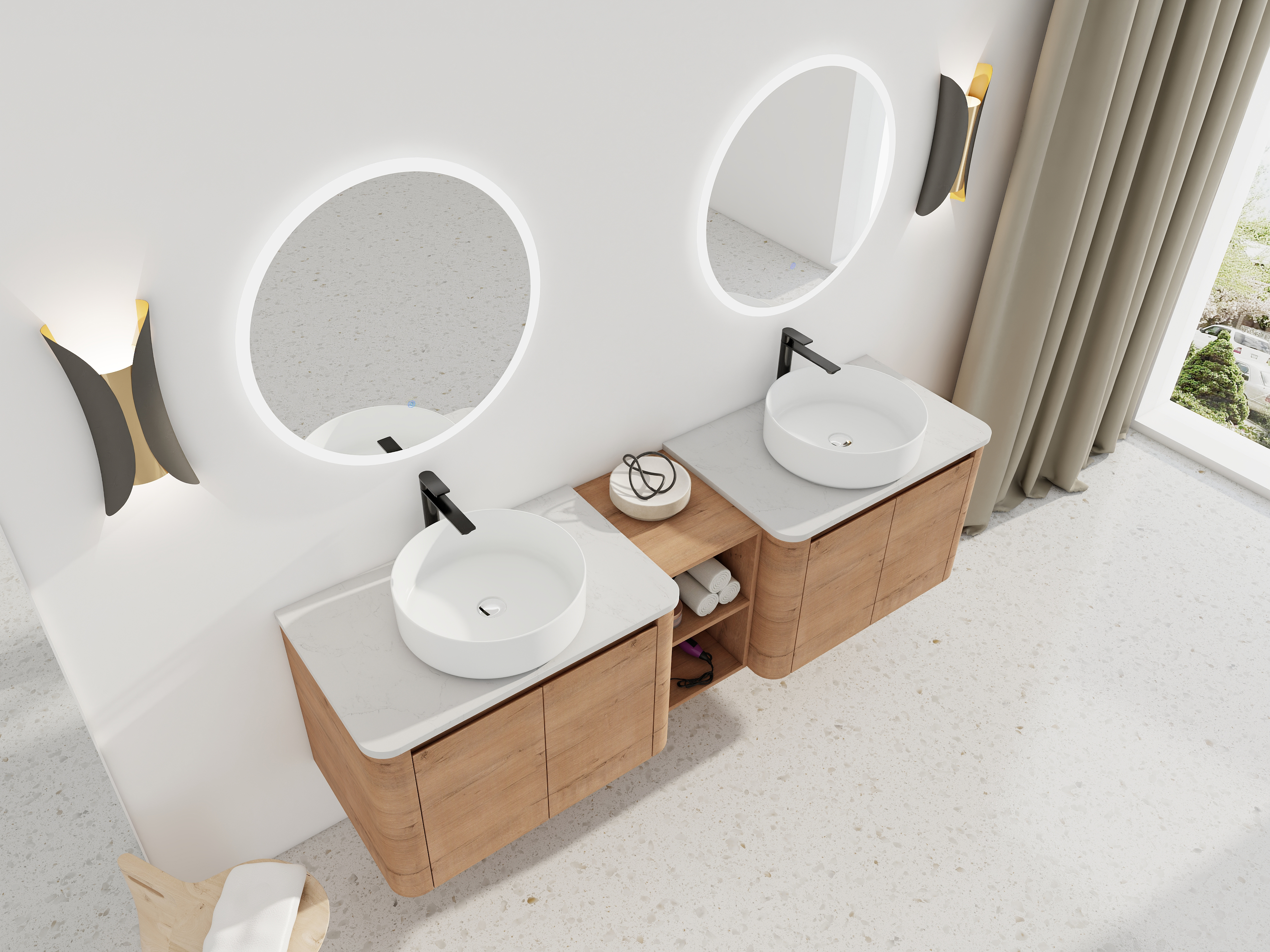 72'' Wall-Mounted Bathroom Vanity With Ceramic Art Sink, and 1-Storage Shelves, 4-Soft-Close Door, KD-Packing, Plywood