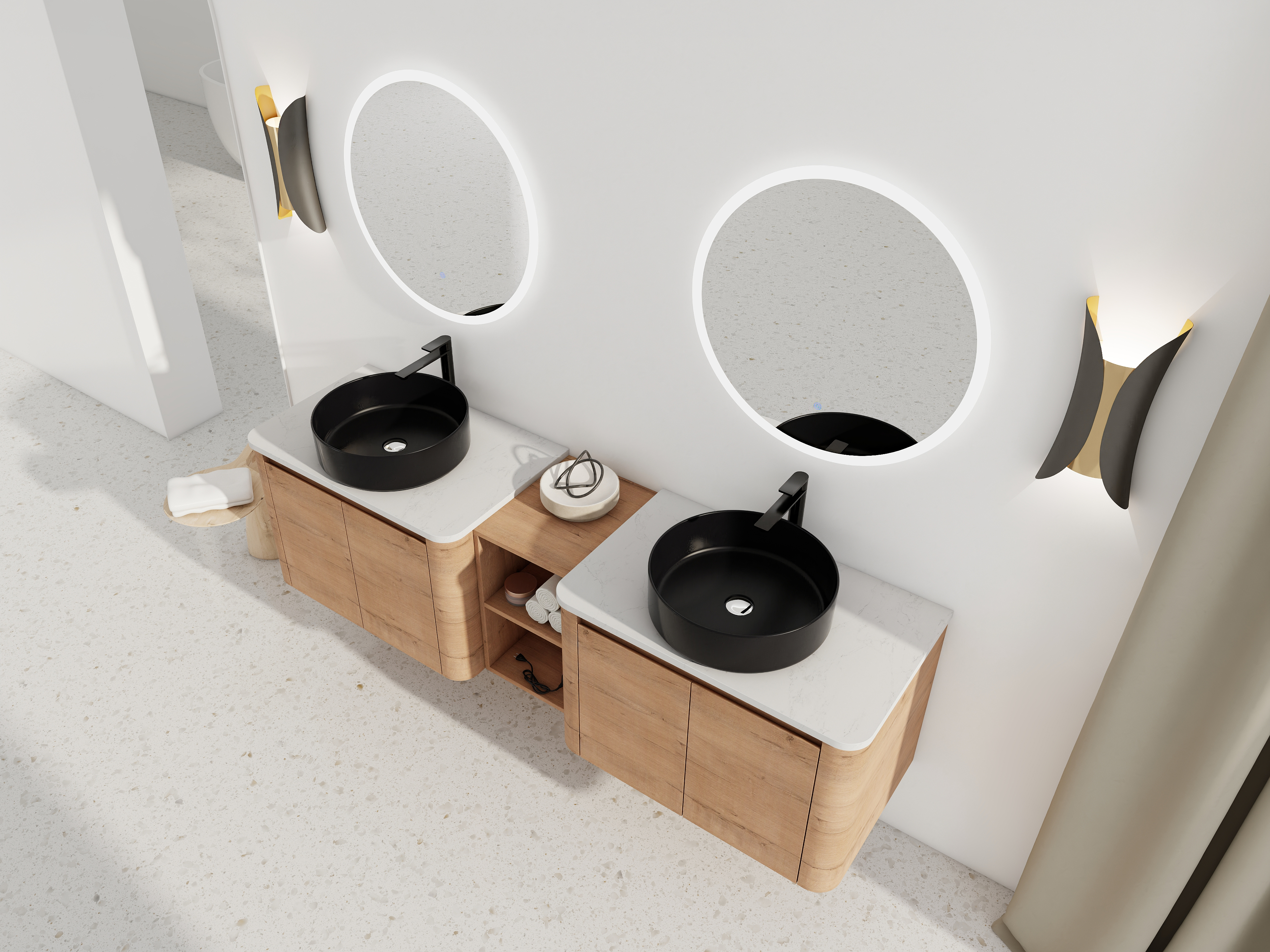 72'' Wall-Mounted Bathroom Vanity With Ceramic Art Sink, and 1-Storage Shelves, 4-Soft-Close Door, KD-Packing, Plywood