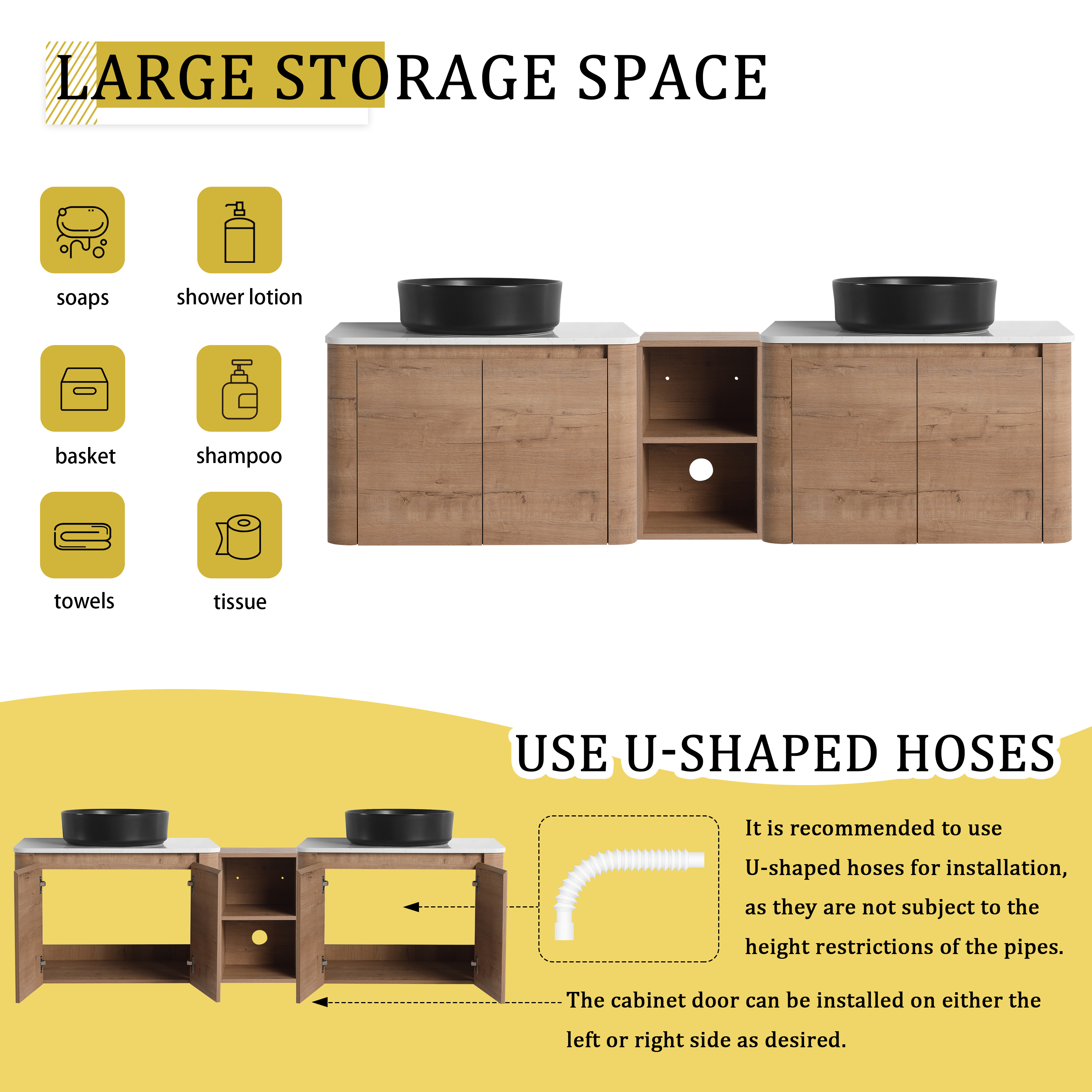 72'' Wall-Mounted Bathroom Vanity With Ceramic Art Sink, and 1-Storage Shelves, 4-Soft-Close Door, KD-Packing, Plywood
