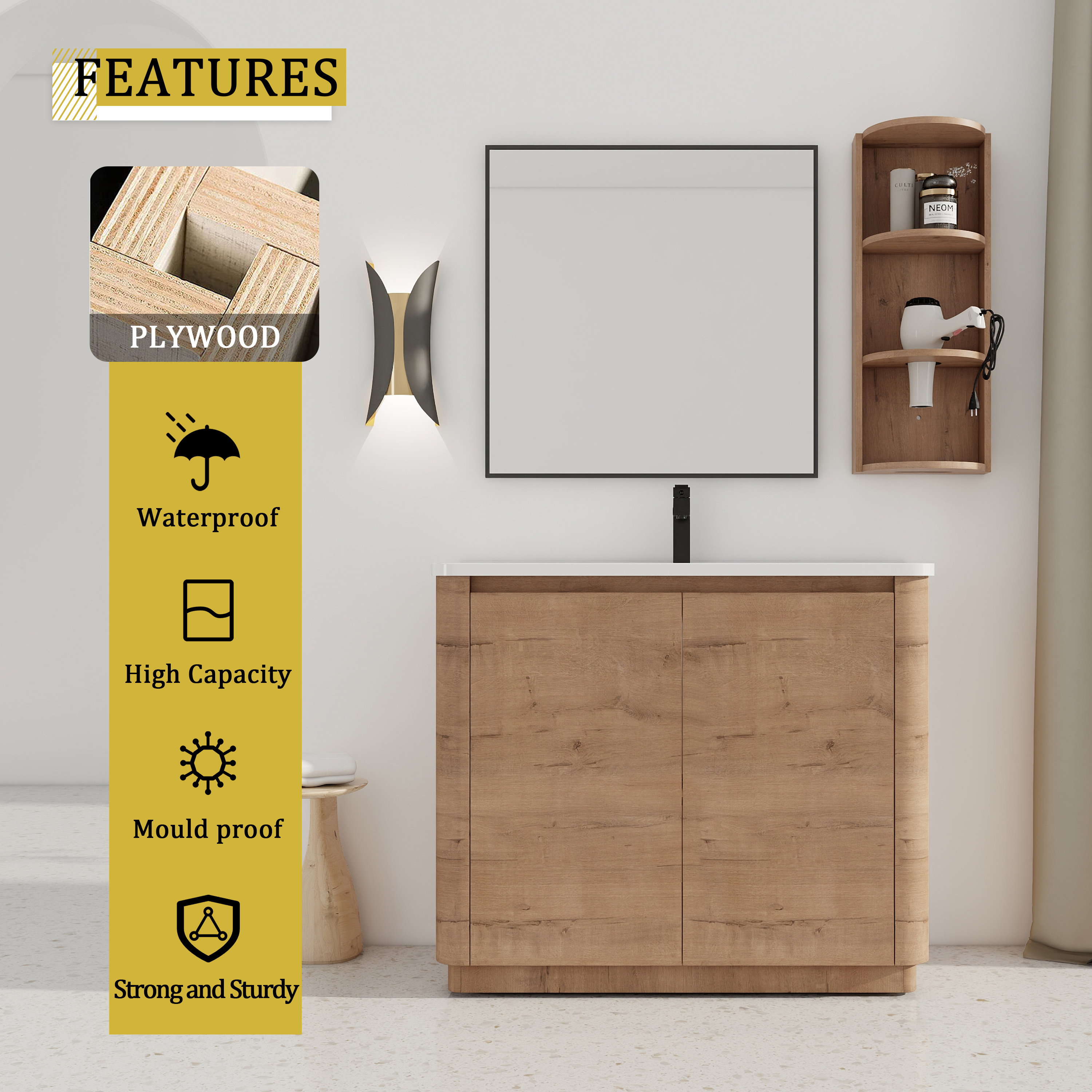 40'' Freestanding Bathroom Vanity with Ceramic Sink & 2-Soft-Close Door and Storage Rack, KD-Packing, Plywood