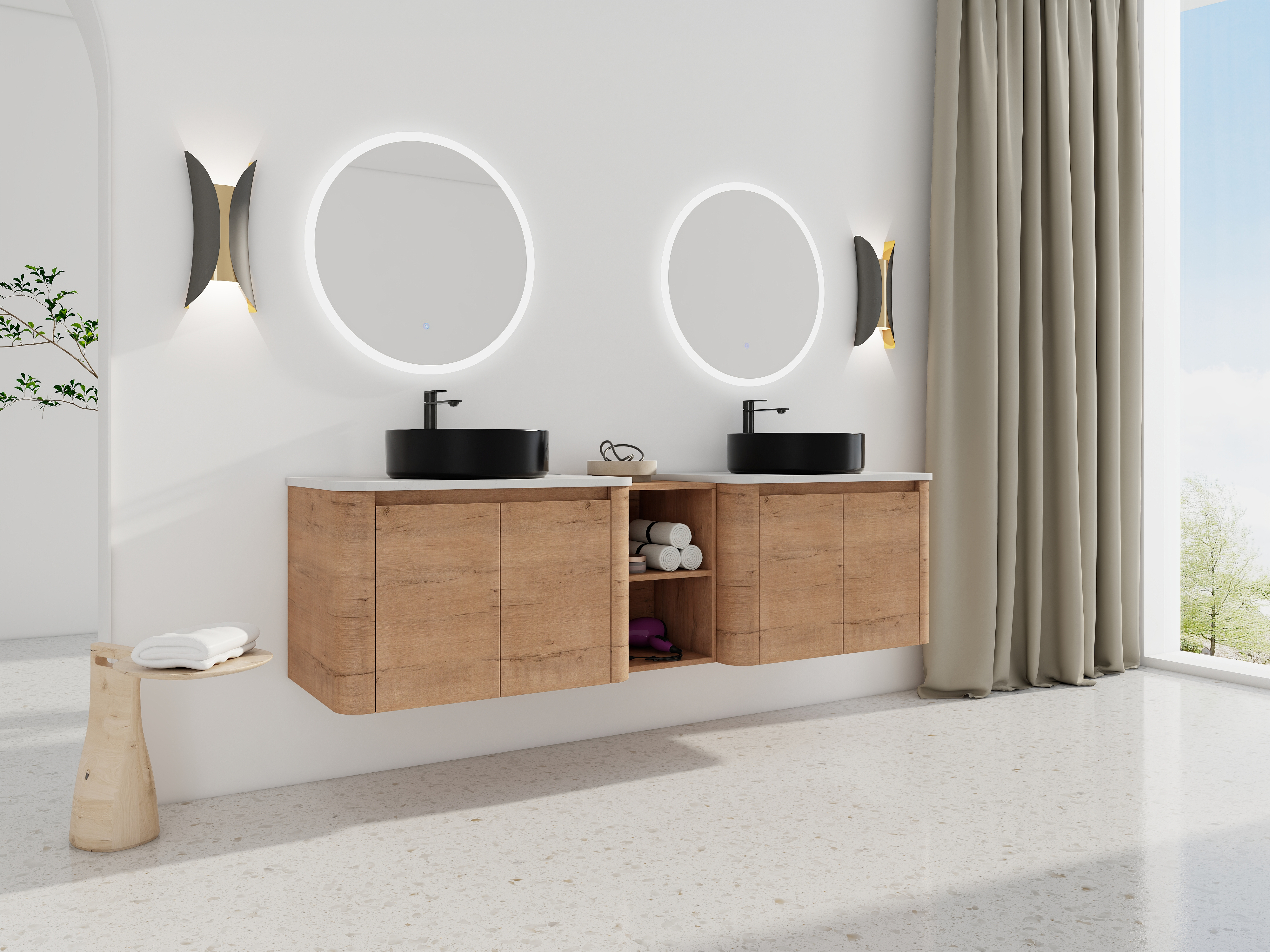72'' Wall-Mounted Bathroom Vanity With Ceramic Art Sink, and 1-Storage Shelves, 4-Soft-Close Door, KD-Packing, Plywood