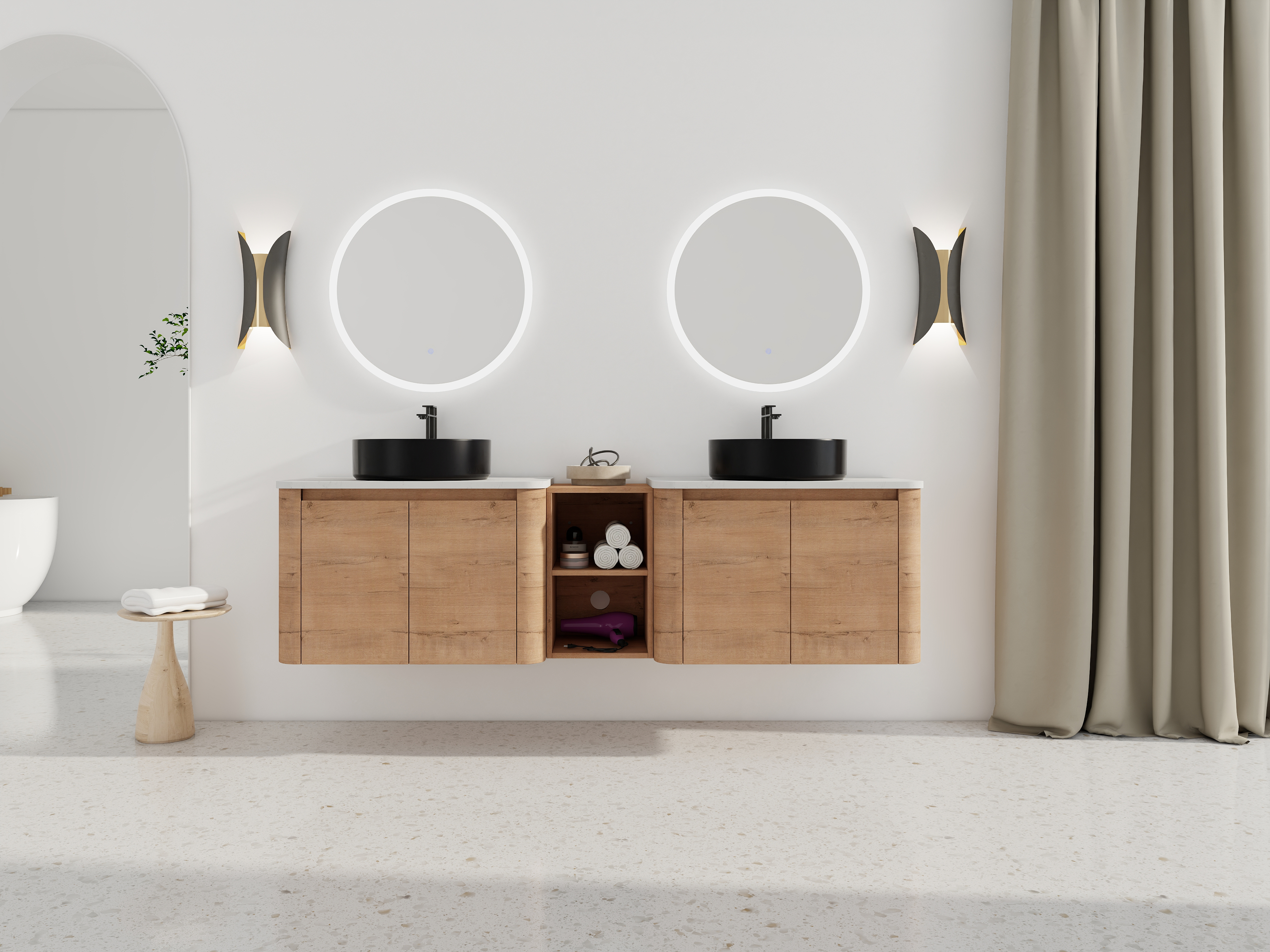 72'' Wall-Mounted Bathroom Vanity With Ceramic Art Sink, and 1-Storage Shelves, 4-Soft-Close Door, KD-Packing, Plywood