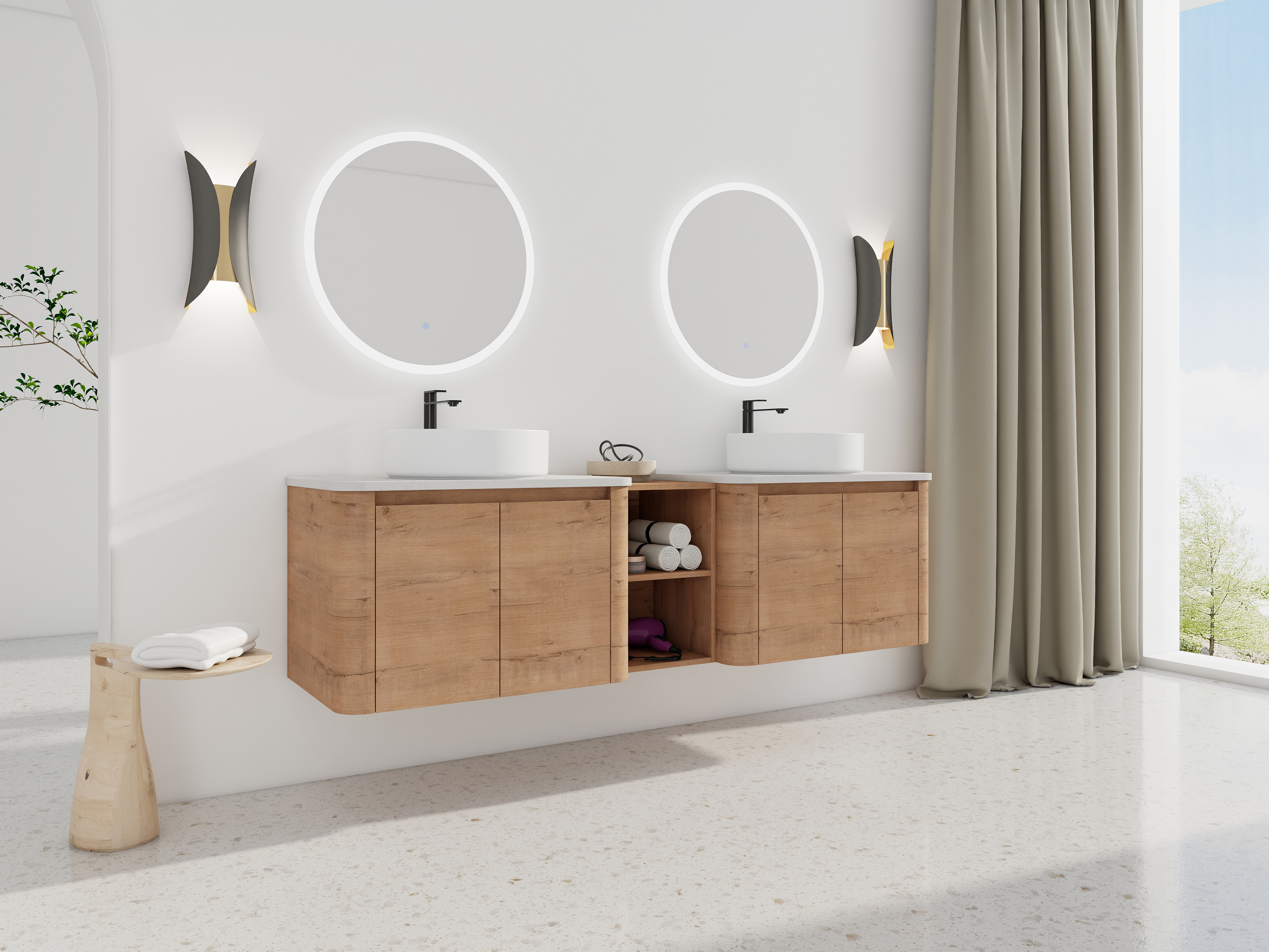 72'' Wall-Mounted Bathroom Vanity With Ceramic Art Sink, and 1-Storage Shelves, 4-Soft-Close Door, KD-Packing, Plywood