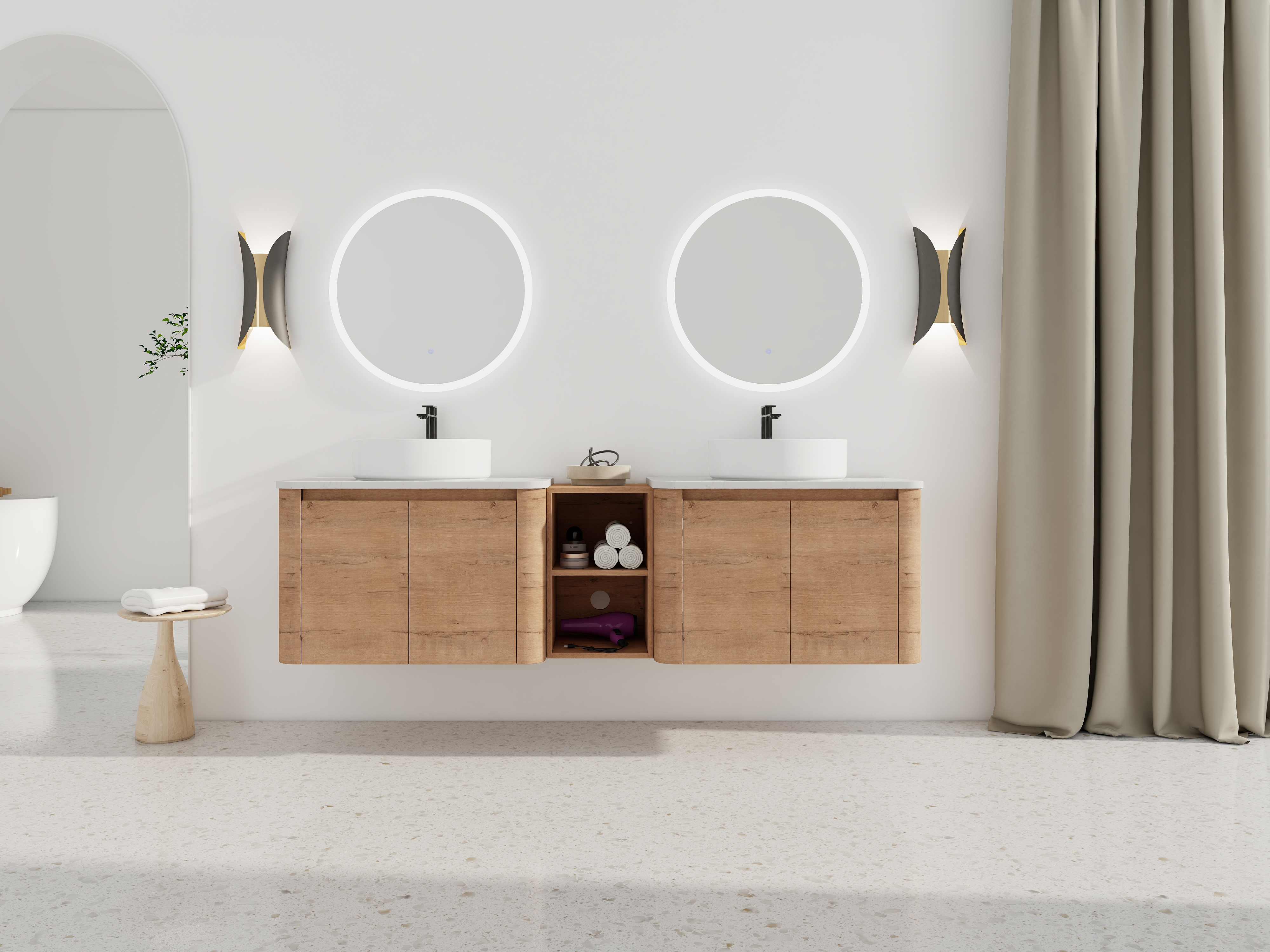 72'' Wall-Mounted Bathroom Vanity With Ceramic Art Sink, and 1-Storage Shelves, 4-Soft-Close Door, KD-Packing, Plywood