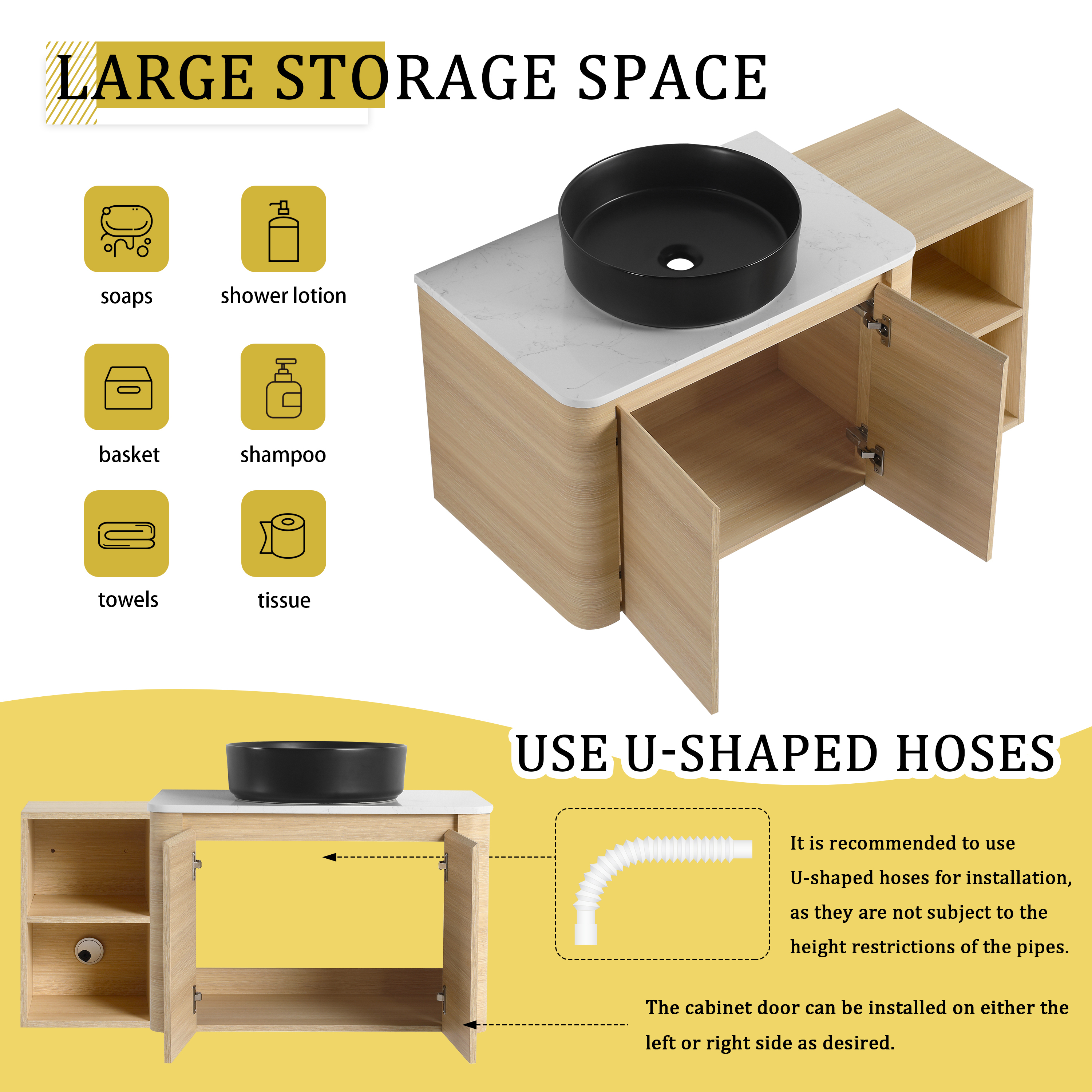 42'' Wall-Mounted black Bathroom Vanity With Ceramic Art Sink, and 1-Storage Shelves, 2-Soft-Close Door, KD-Packing, Plywood