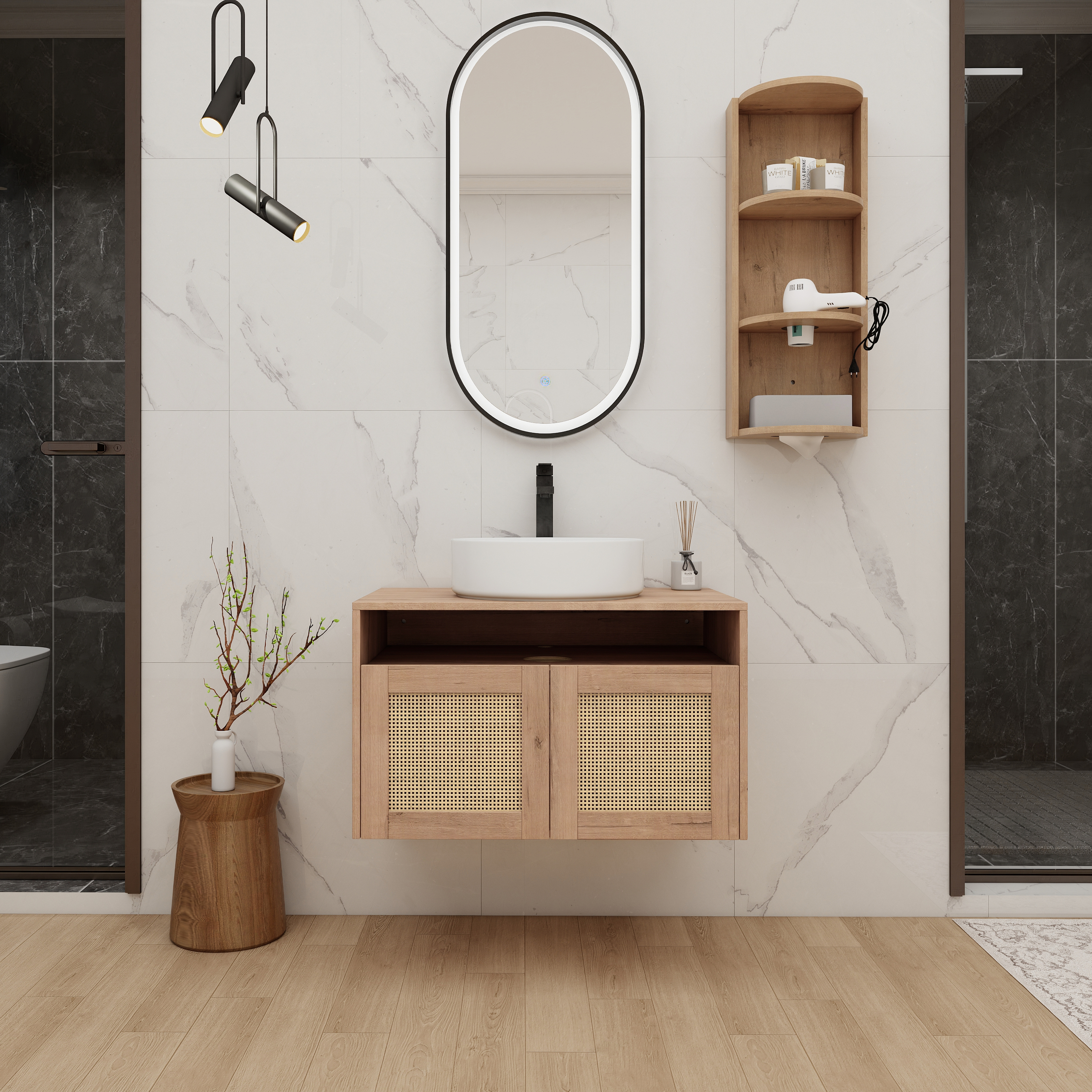 30" Bathroom Vanity with White Ceramic Art Sink and Storage Rack, 2-Soft Close Door, Float Mounting Design, Plywood