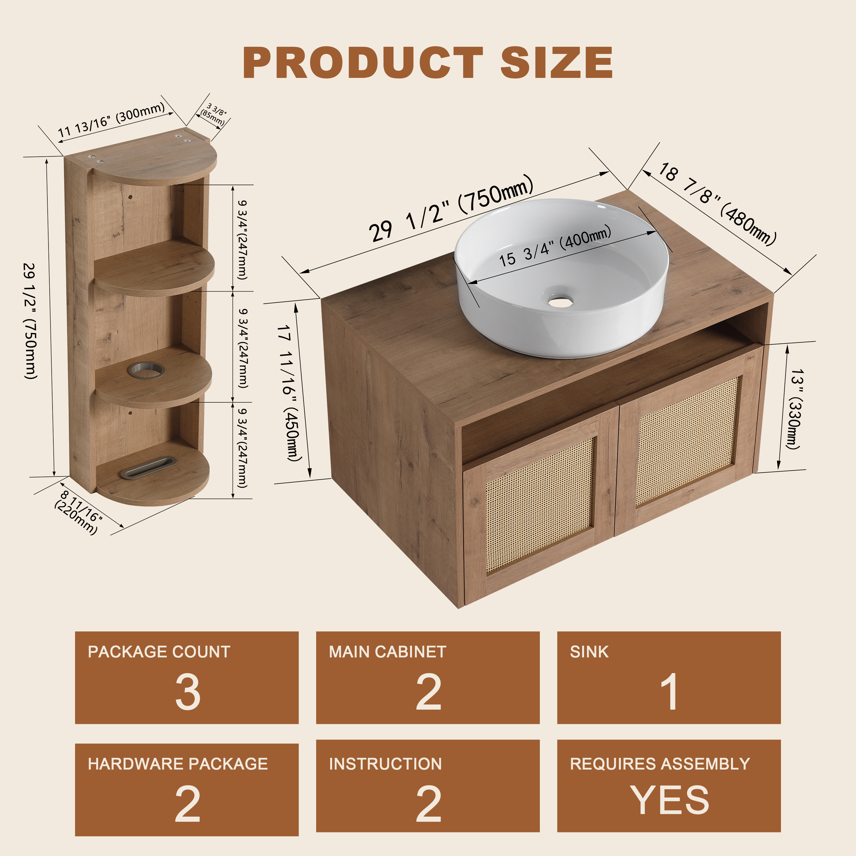 30" Bathroom Vanity with White Ceramic Art Sink and Storage Rack, 2-Soft Close Door, Float Mounting Design, Plywood