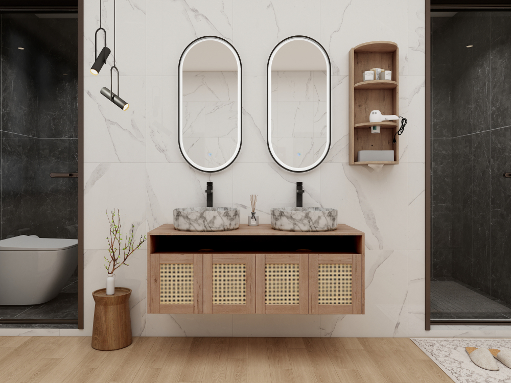 48" Bathroom Vanity with 2-White Gray Ceramic Art Sink and Storage Rack, 4-Soft Close Door, Float Mounting Design, Plywood