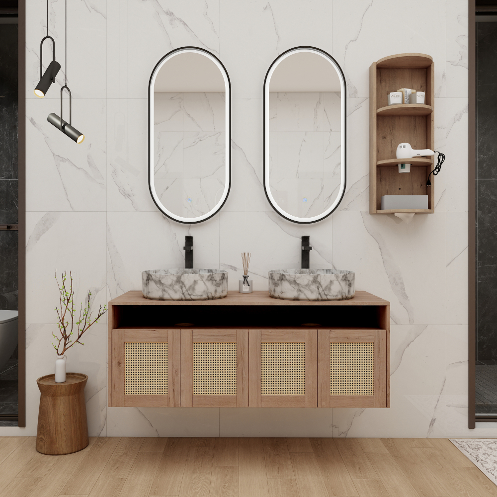 48" Bathroom Vanity with 2-White Gray Ceramic Art Sink and Storage Rack, 4-Soft Close Door, Float Mounting Design, Plywood