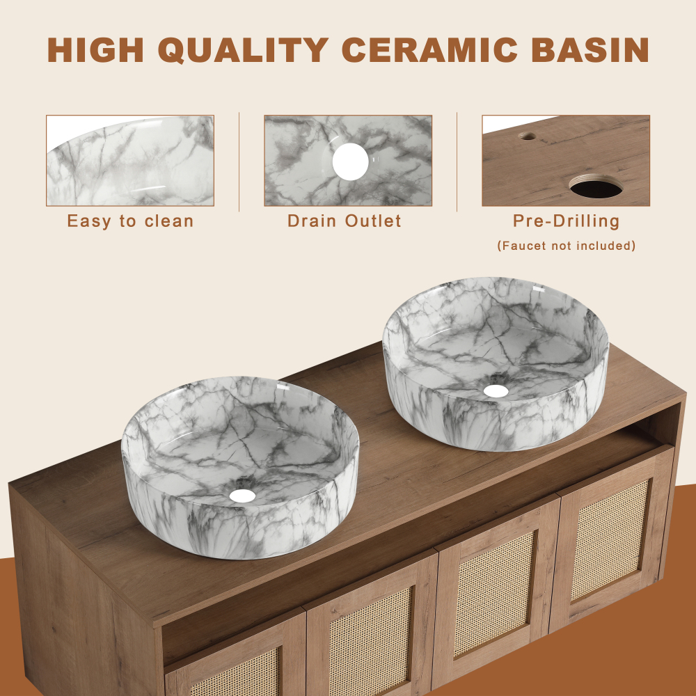 48" Bathroom Vanity with 2-White Gray Ceramic Art Sink and Storage Rack, 4-Soft Close Door, Float Mounting Design, Plywood